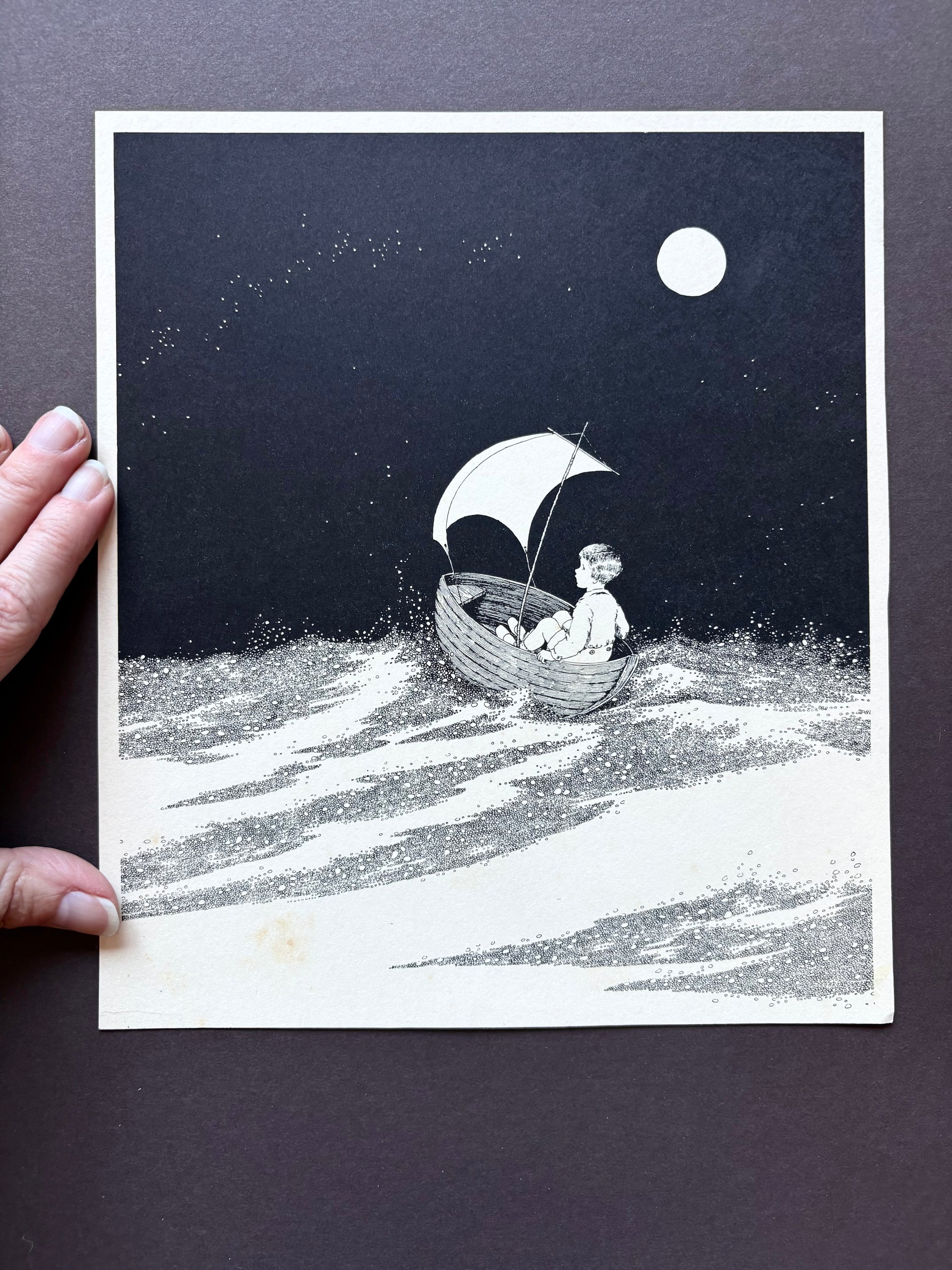 1931 Authentic antique Ida Rentoul Outhwaite print "Fairyland", 1st Edition UK, boy, boat,art deco