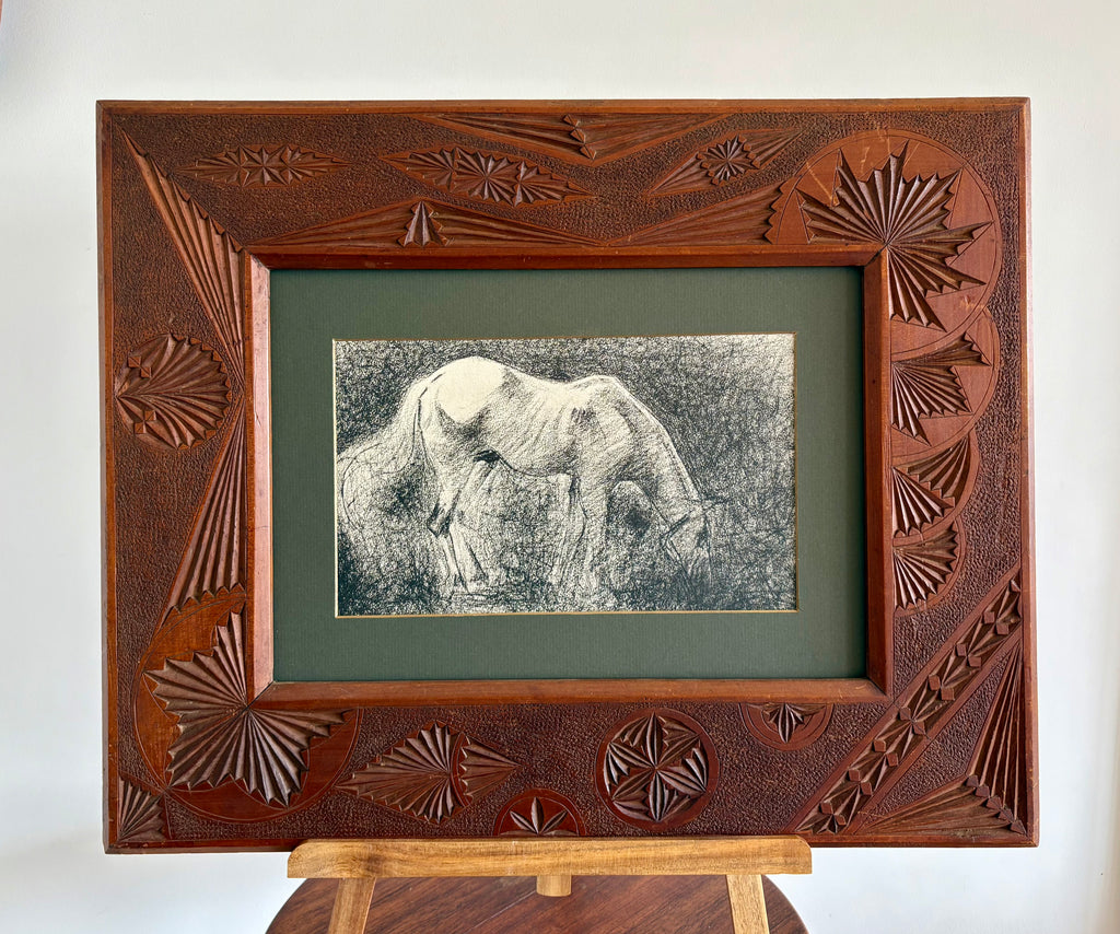 1928 Rare antique lithograph, French, Seurat, drawing, Chip frame, white horse