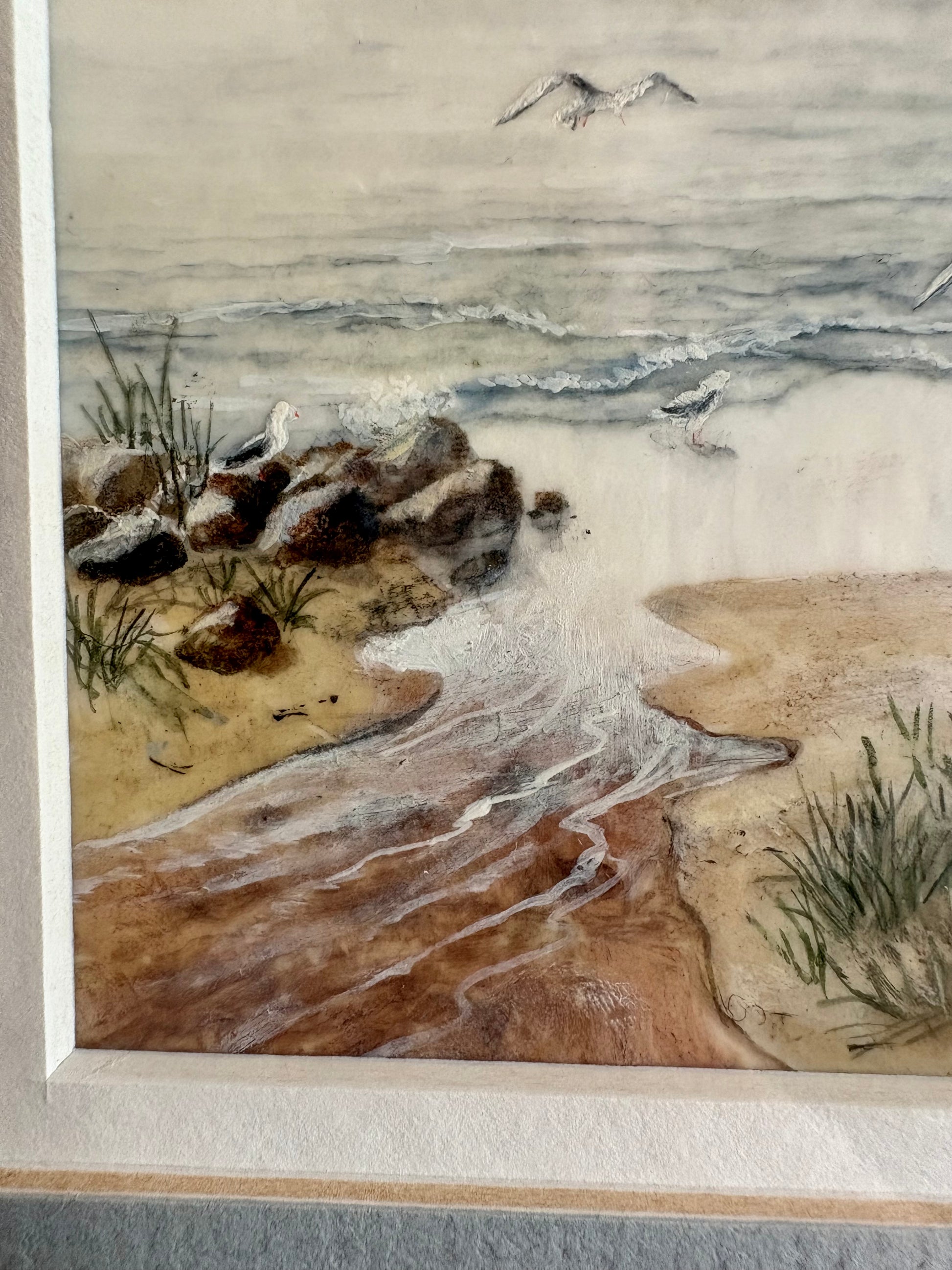 Original Jim Stagg miniature painting, seaside with seagulls, Surrealism, vintage framed art
