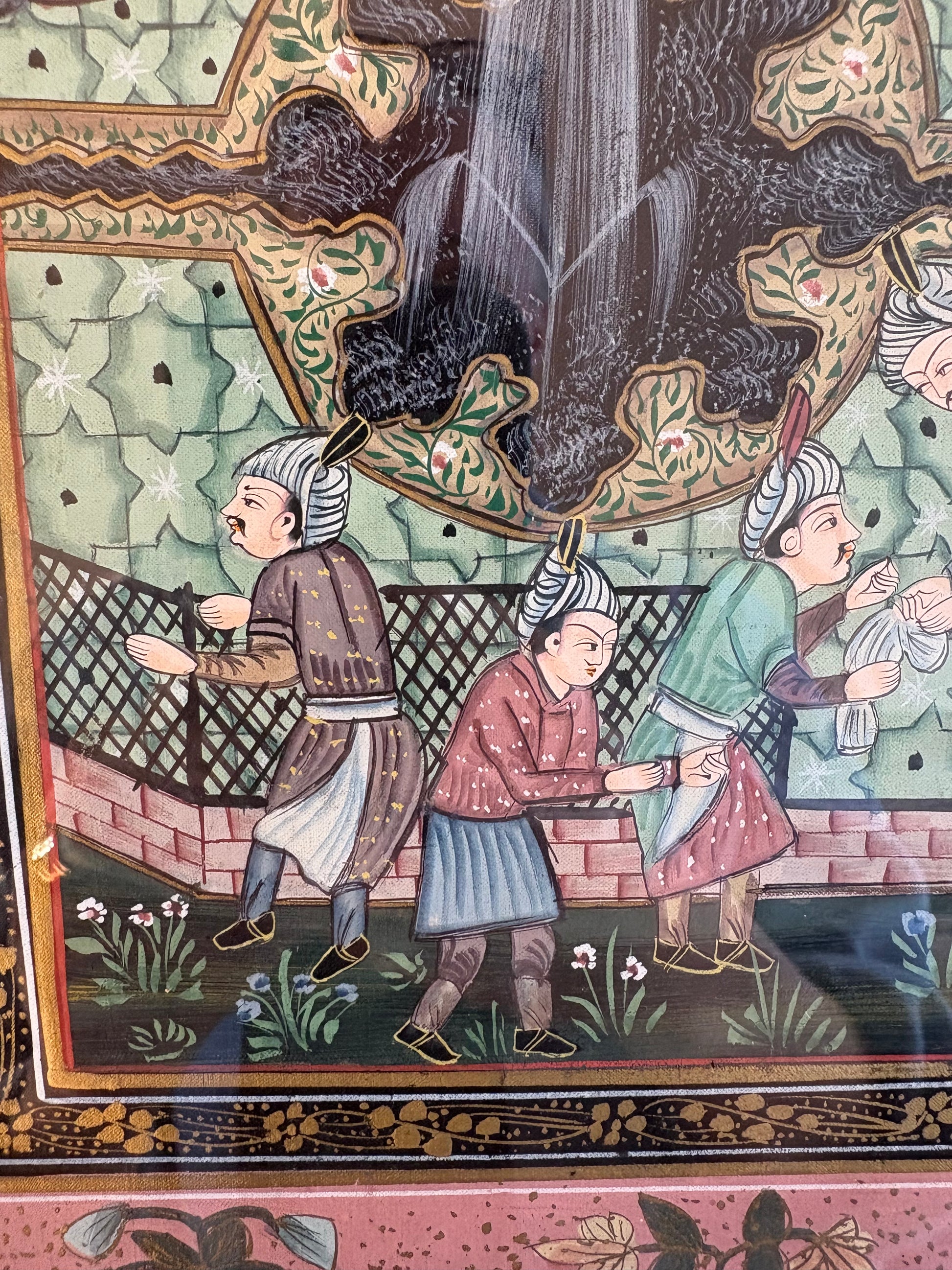 Antique Persian original painting on silk, circa 1900s, Mughal, framed art