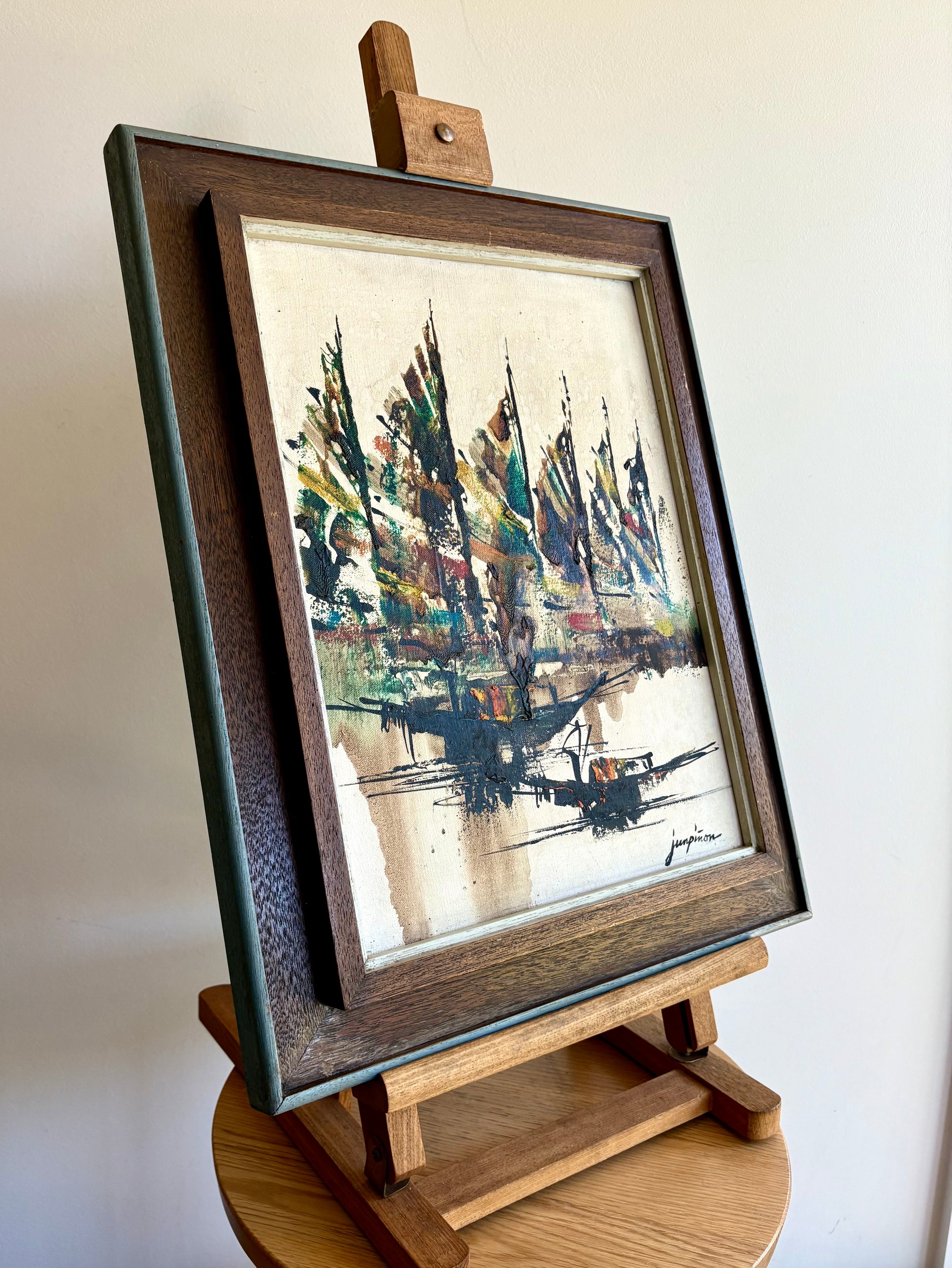 Vintage original painting on canvas, Perfecto Pinon, signed framed artwork, Modernist art