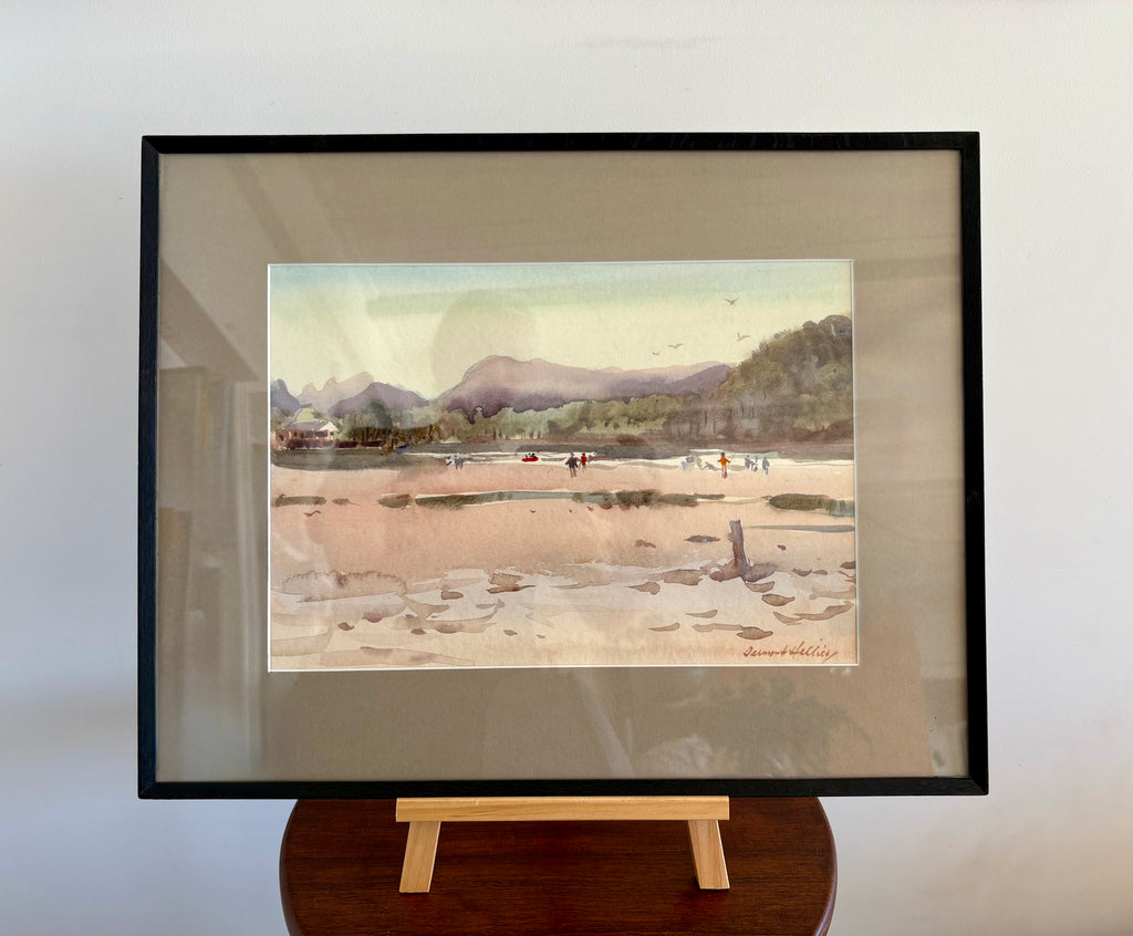 Mid Century original watercolour painting, Dermont Hellier, Australian beach, framed art
