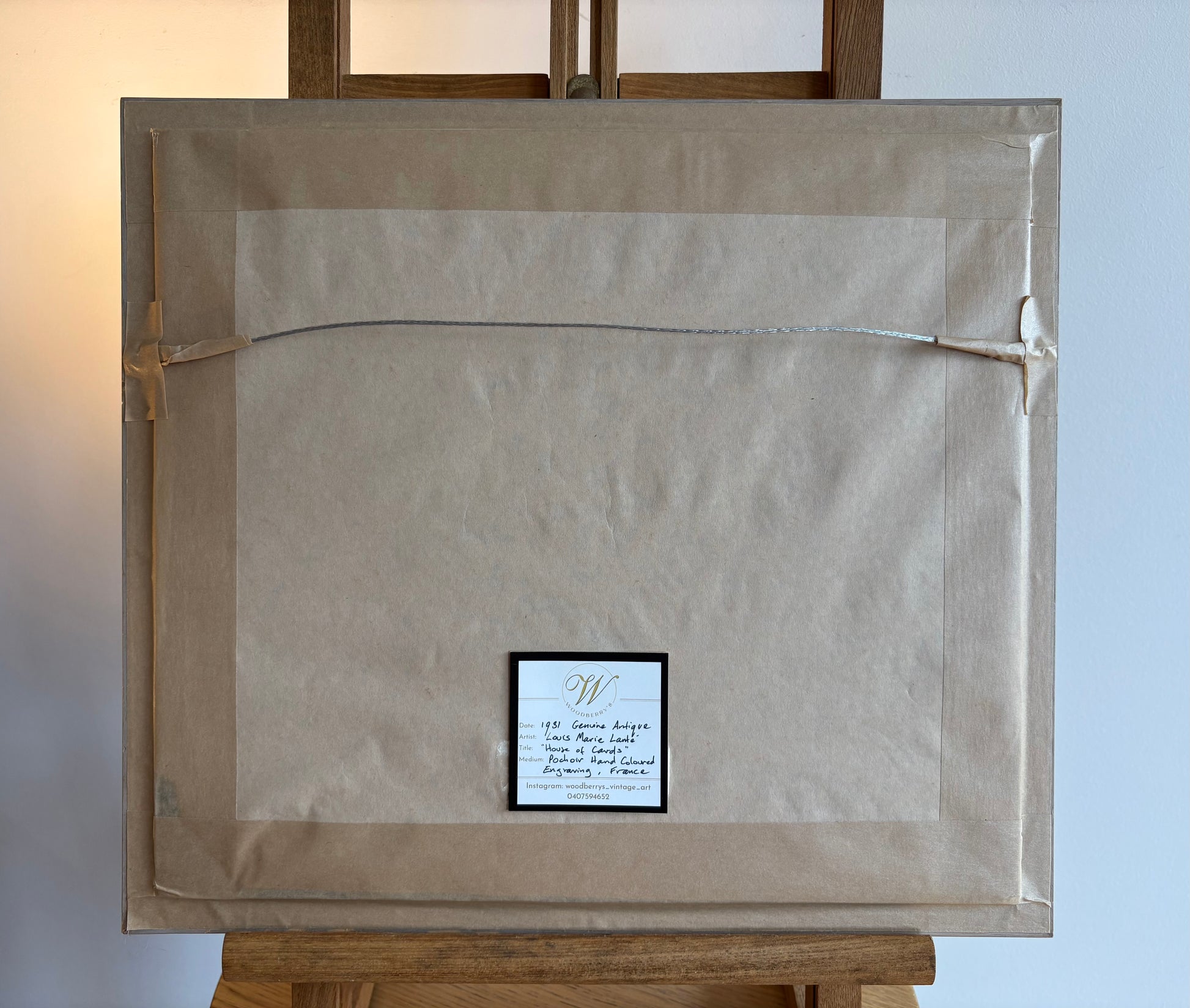 French 1931 engraving, hand coloured, “House of Cards”, antique framed art