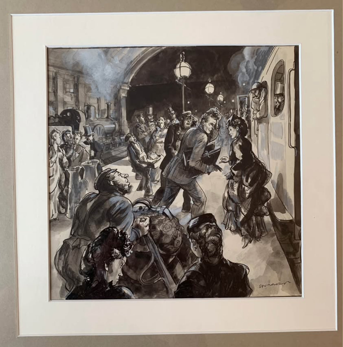 Original Steven Spurrier black and white illustration, circa 1940's artwork, London train station, vintage framed art