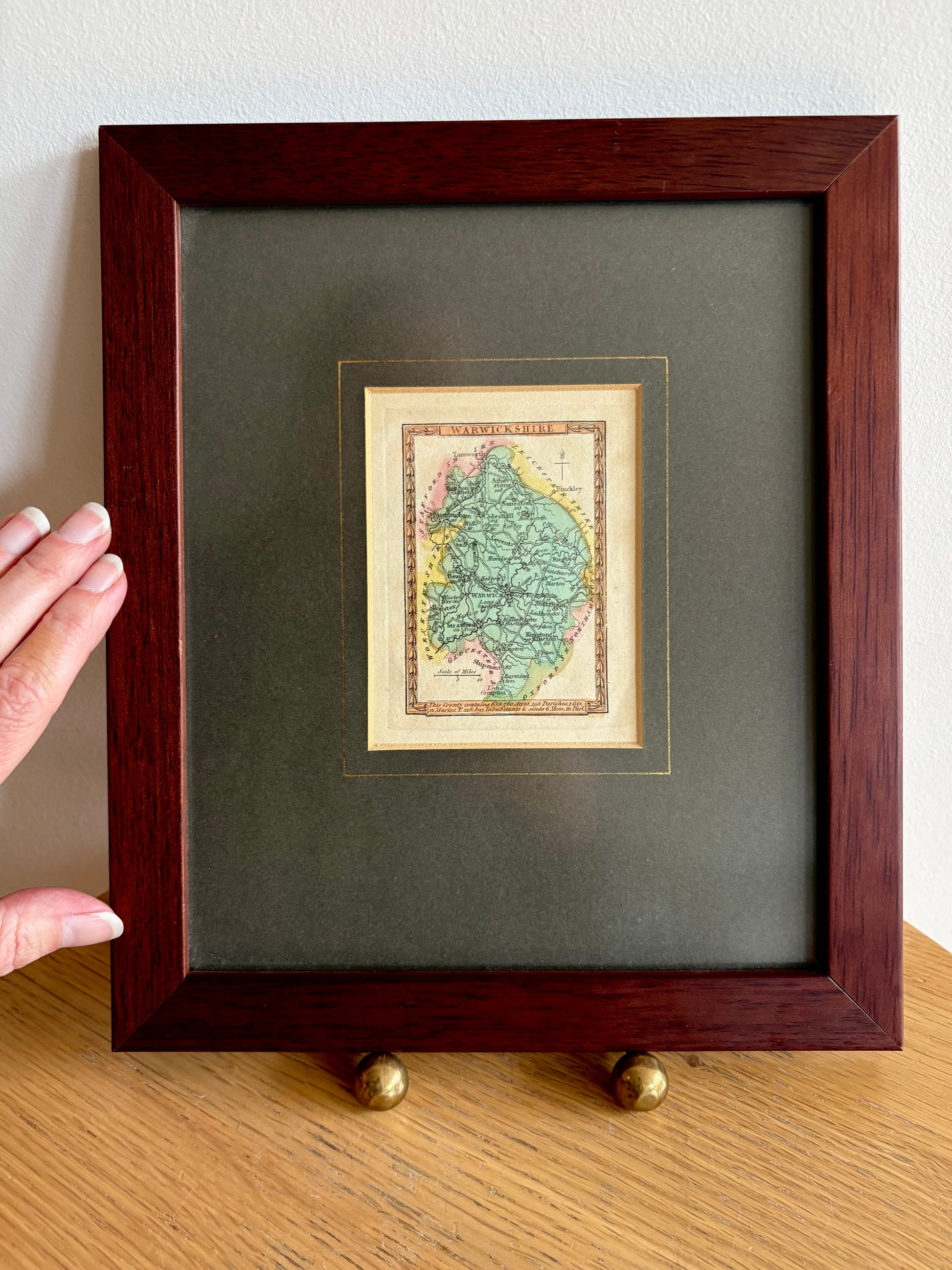 Antique miniature map, Warwickshire, hand coloured engraving, framed