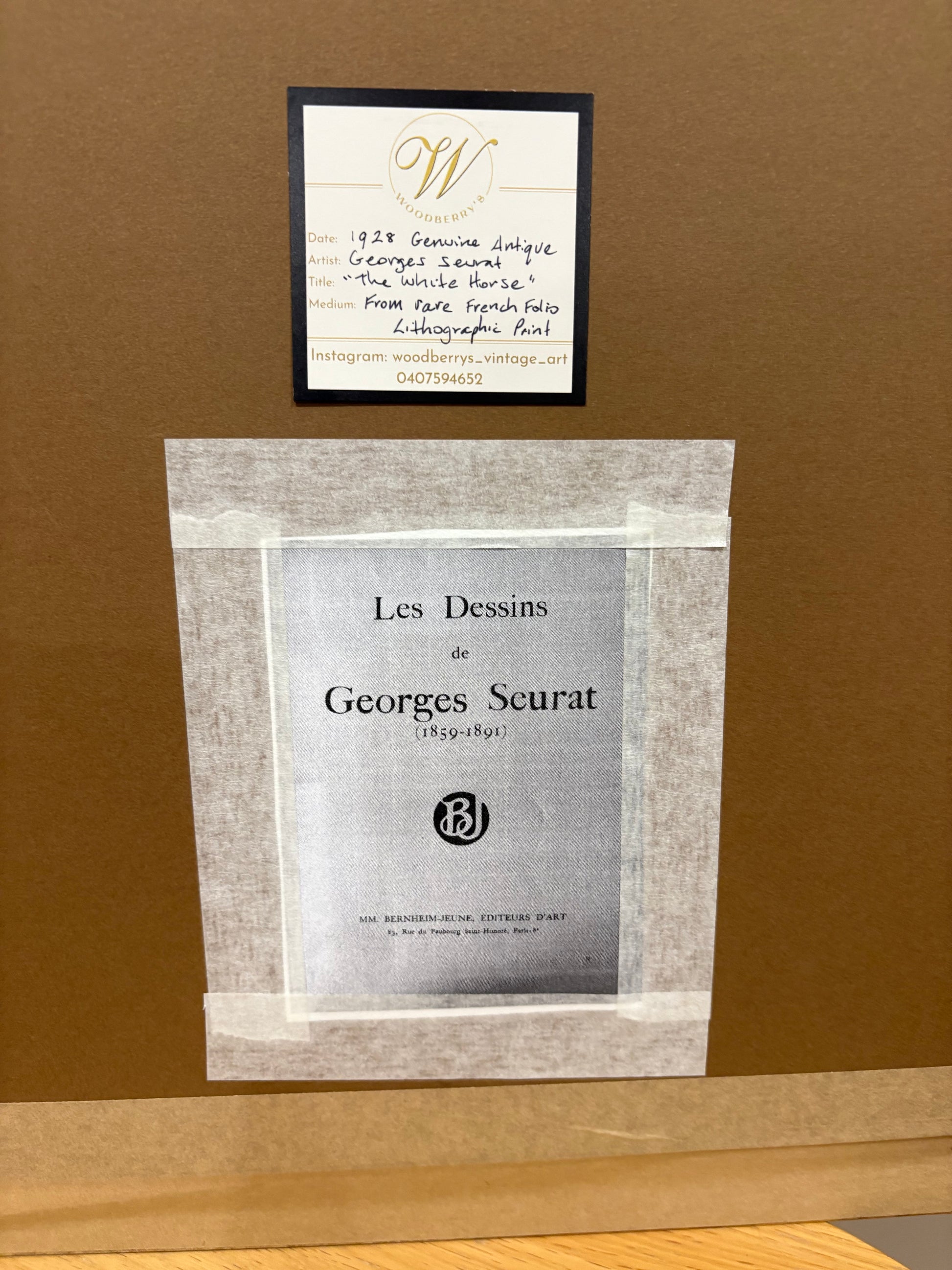 1928 Rare antique print, French, Seurat, drawing folio, framed art, portrait, horse