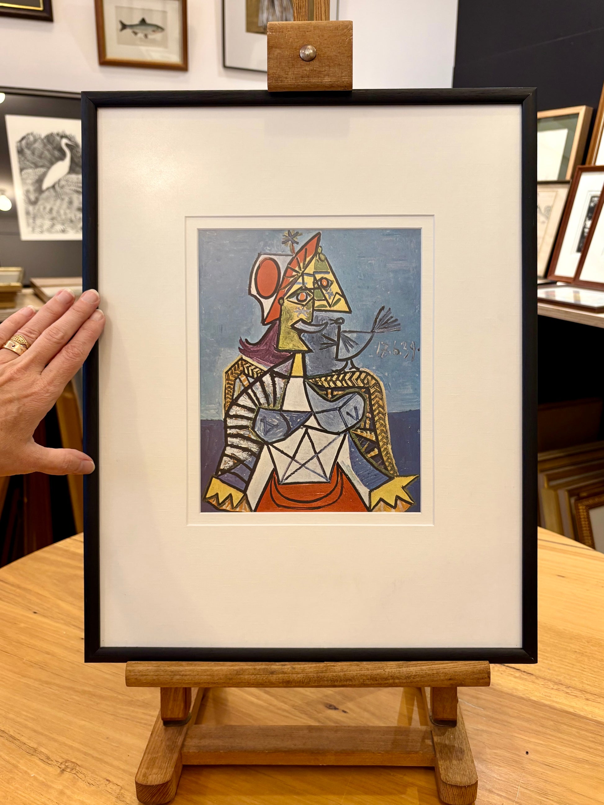 1960s Picasso print, portrait, vintage framed art, “Woman with Bird”, Mid Century