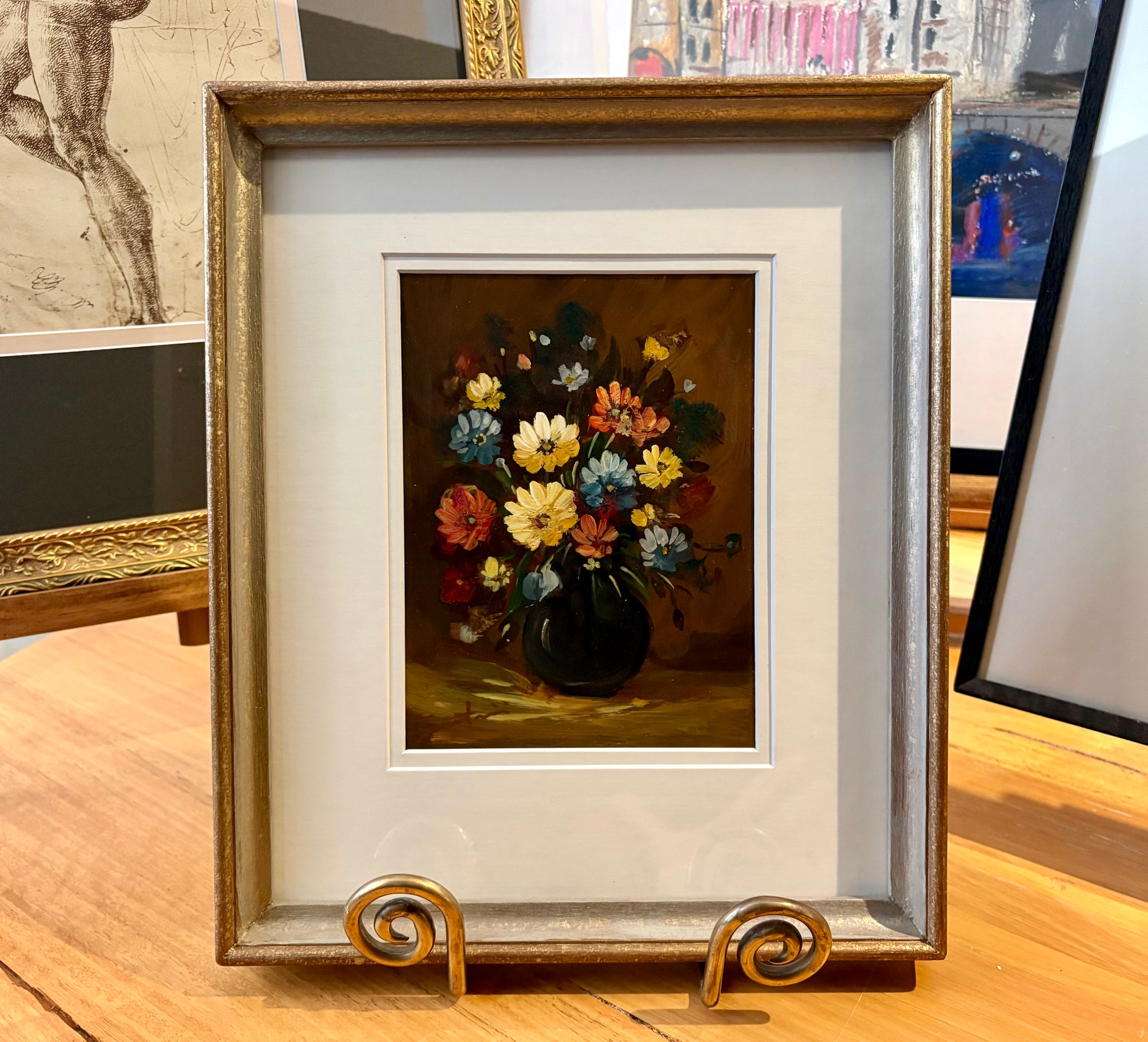 Original still-life painting on copper, daisies, framed art