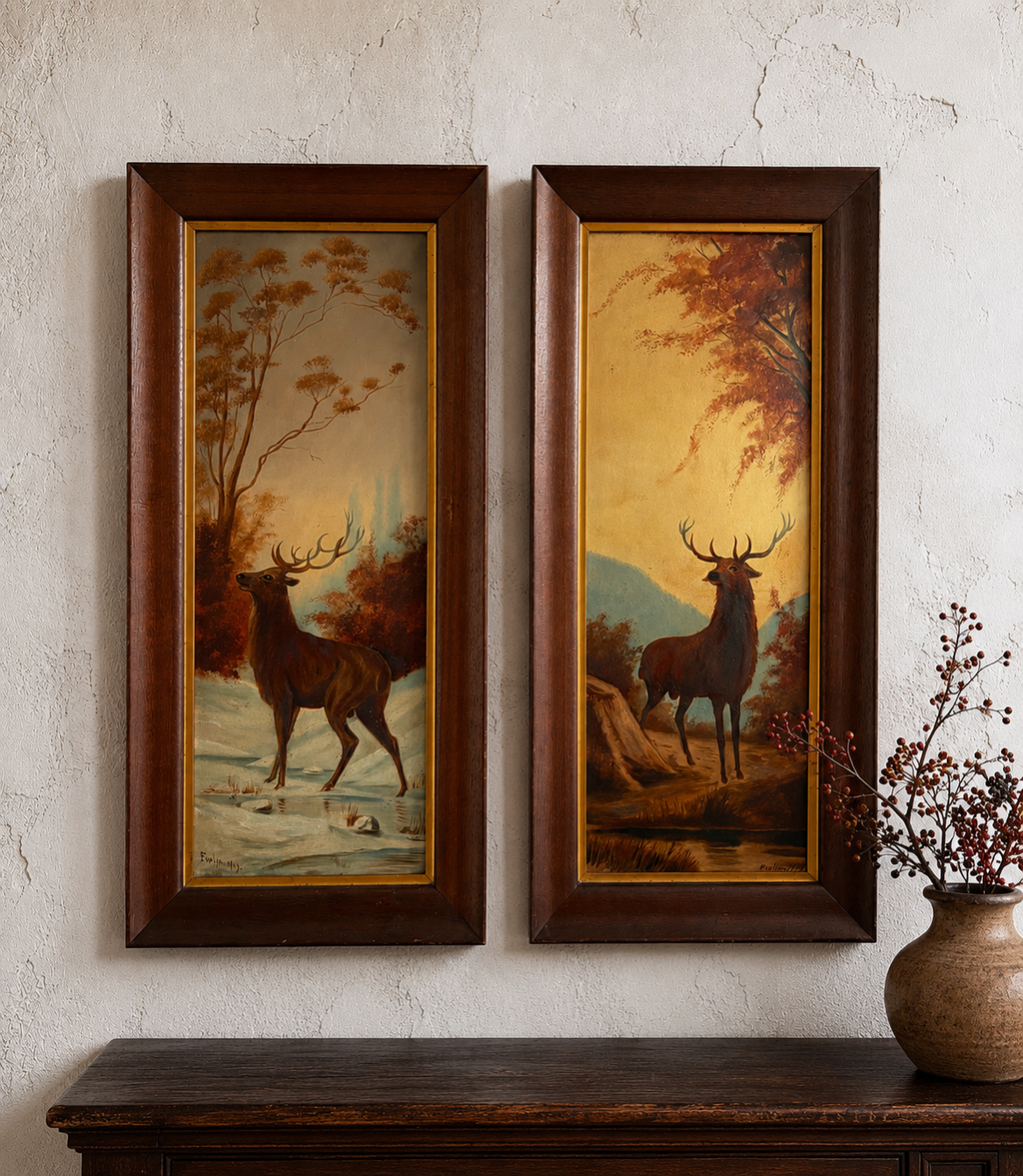 Large pair of original antique 1919 Stag oil paintings, deer, framed art