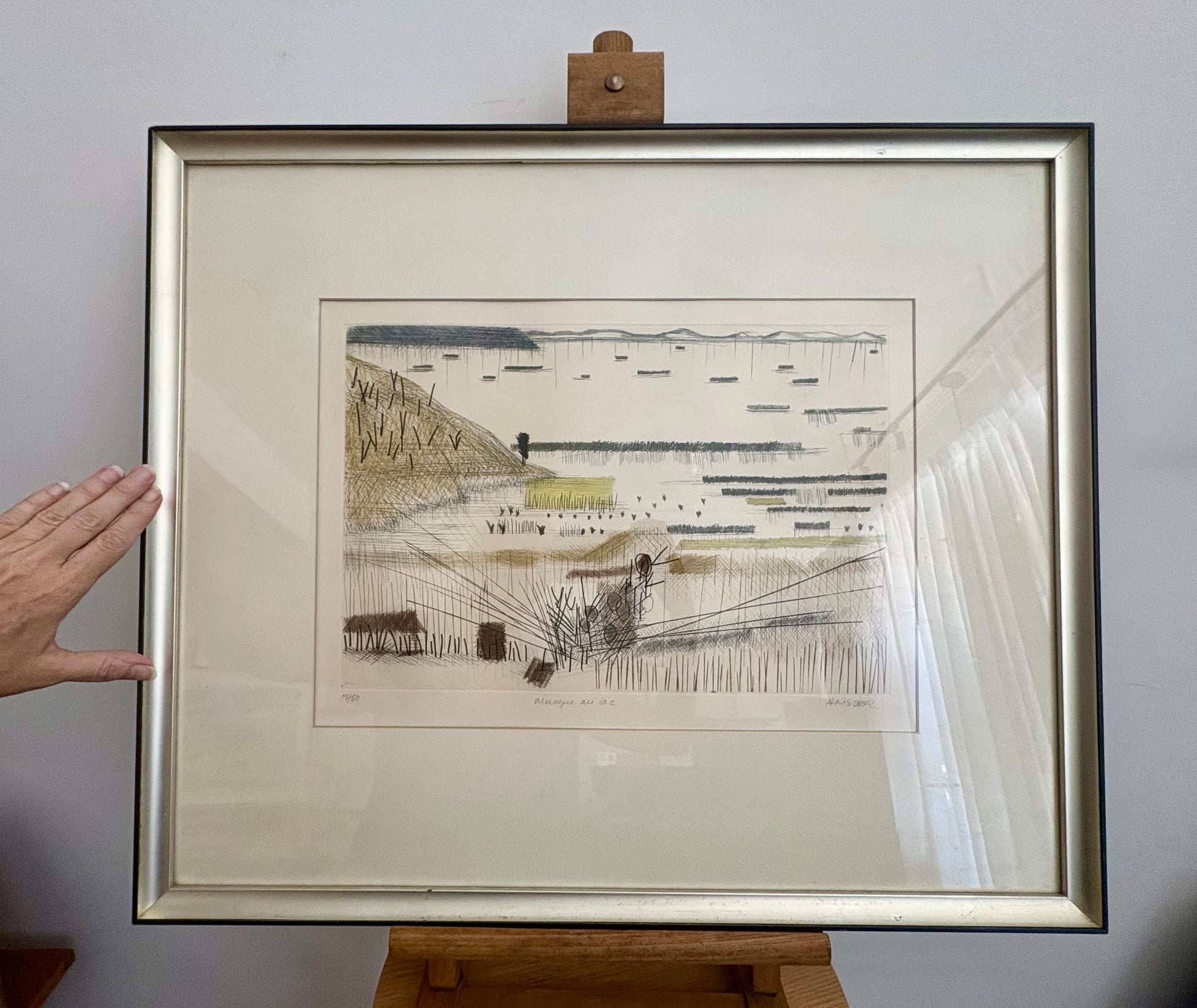 1975 original dry point etching, Marcel Amler, landscape, framed vintage art