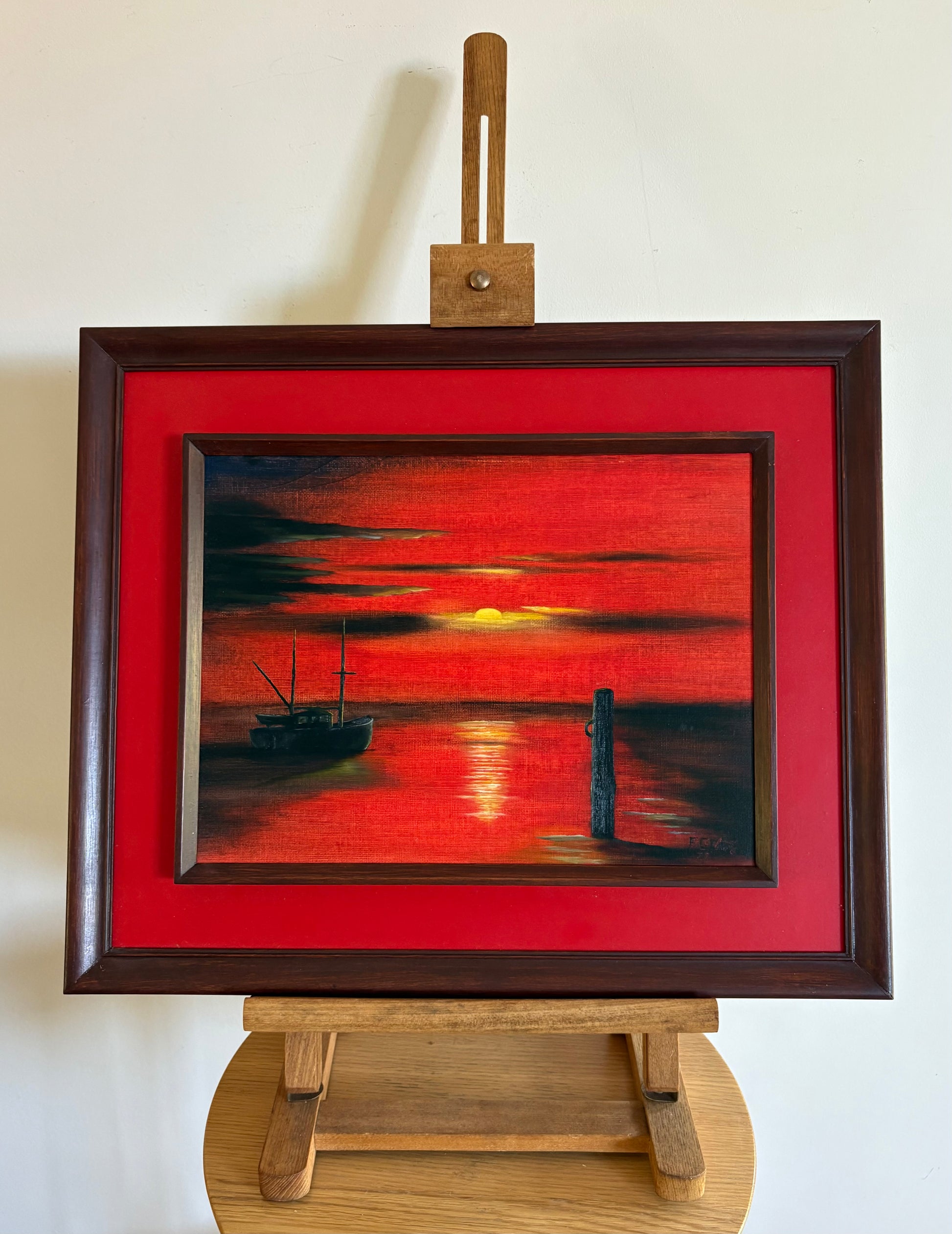 1970s original painting, retro, signed, fishing boat, sunset, framed art