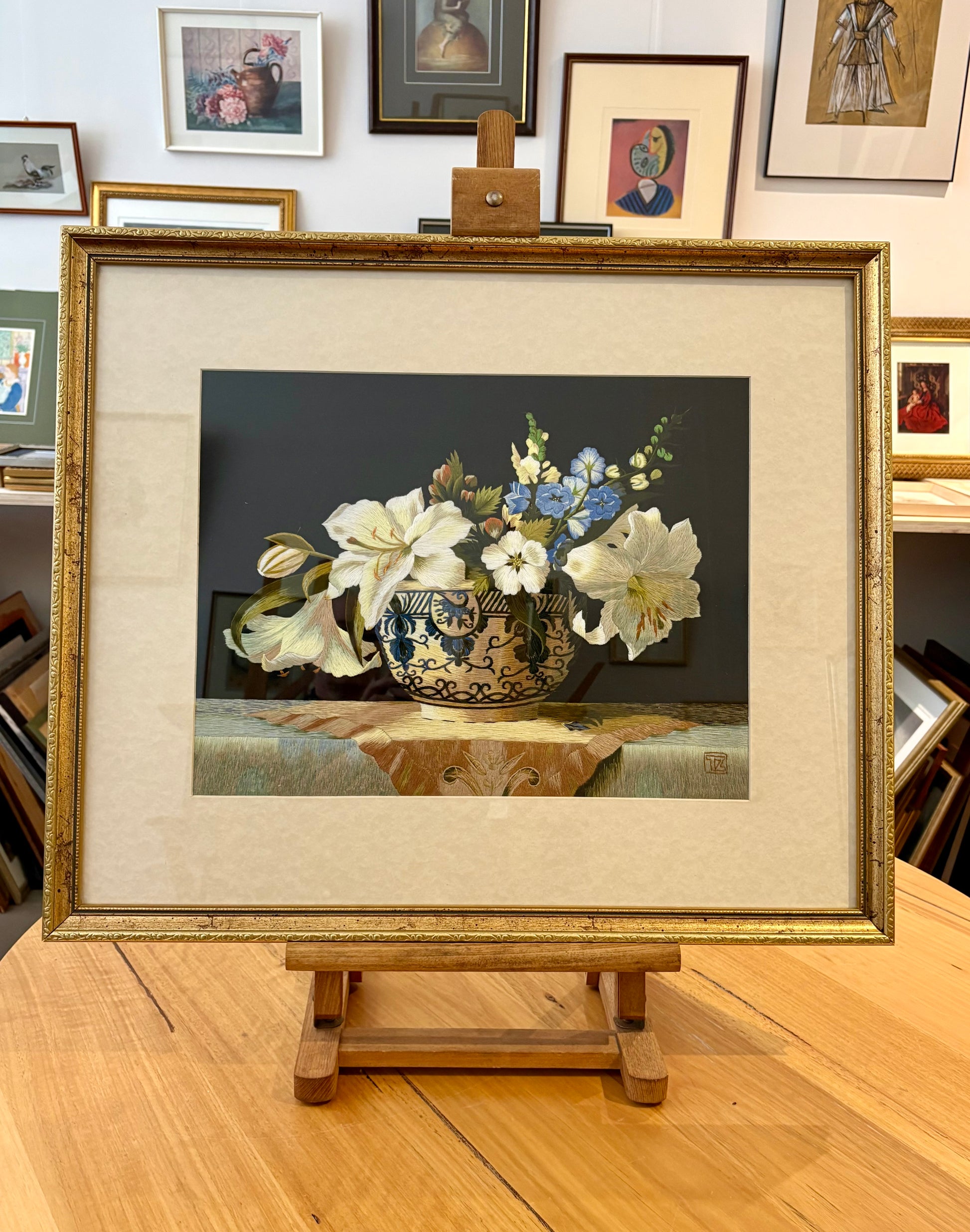 Original handmade silk embroidery artwork, framed vintage art