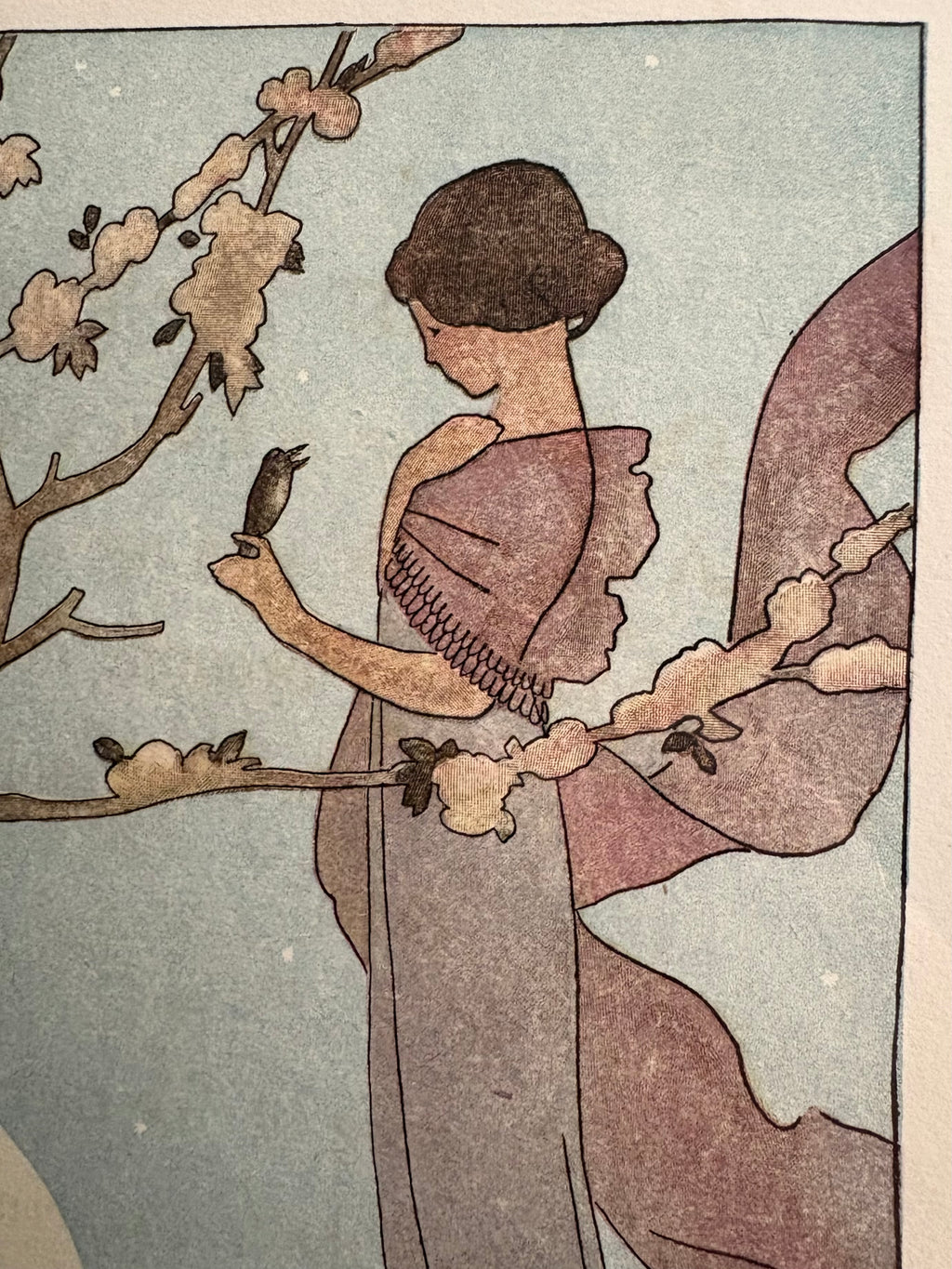 Rare original Art Deco woodblock print, 1911 antique, Maggie Salcedo, French framed art