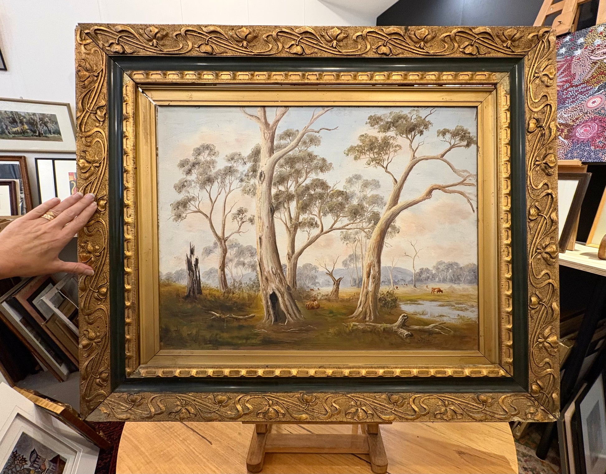 Large antique original oil painting, John Norton, Australian landscape, gilt frame