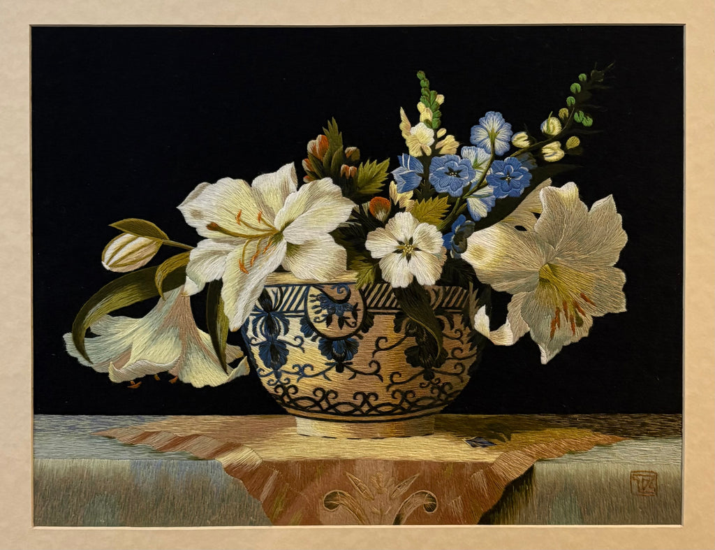 Original handmade silk embroidery artwork, framed vintage art