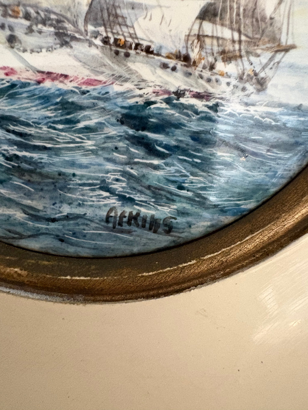 Pair of original hand painted ceramic ship artworks, signed, framed, vintage