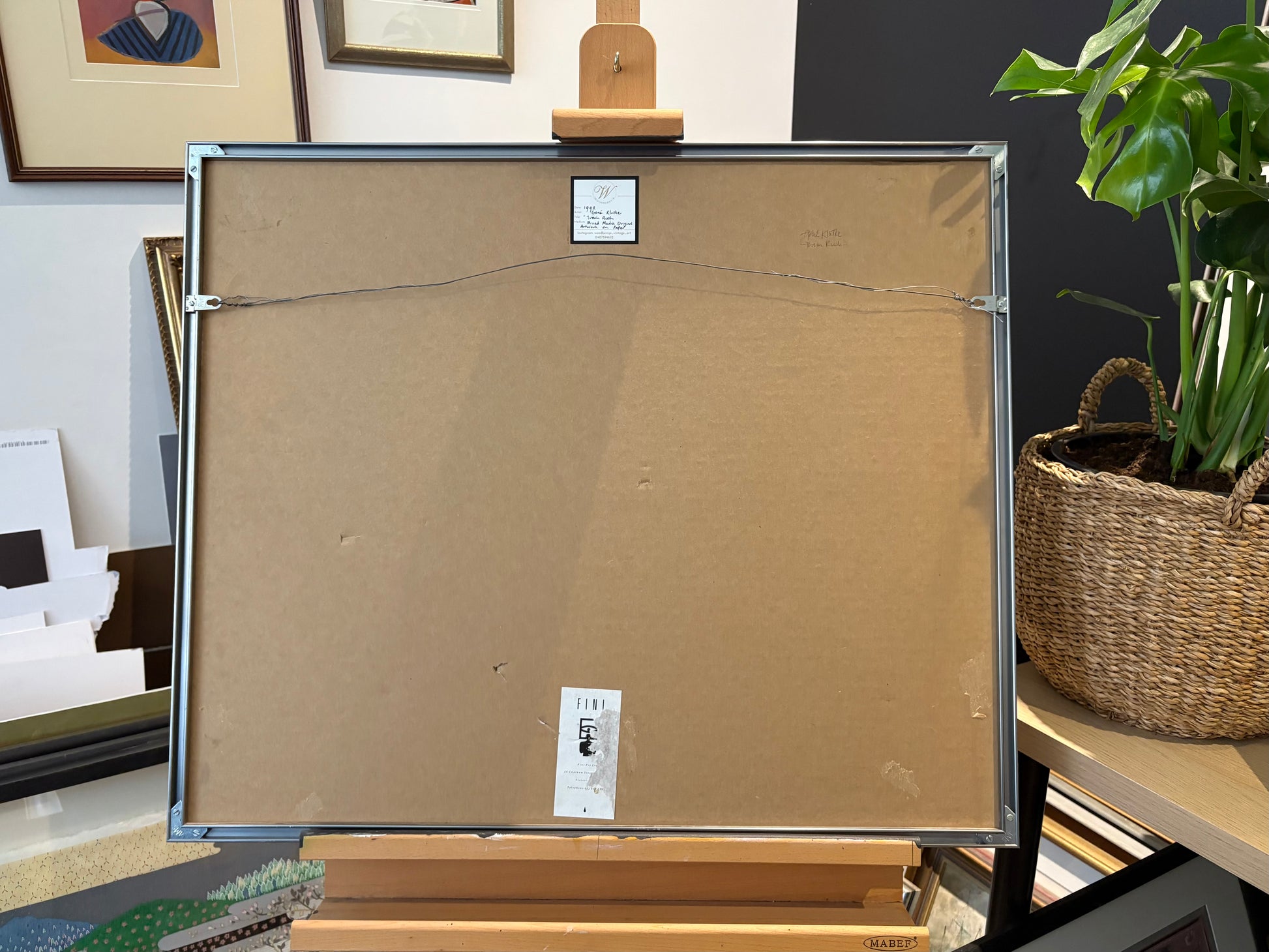 Original mixed media painting, signed, “Train Rush”, 1992, framed vintage art