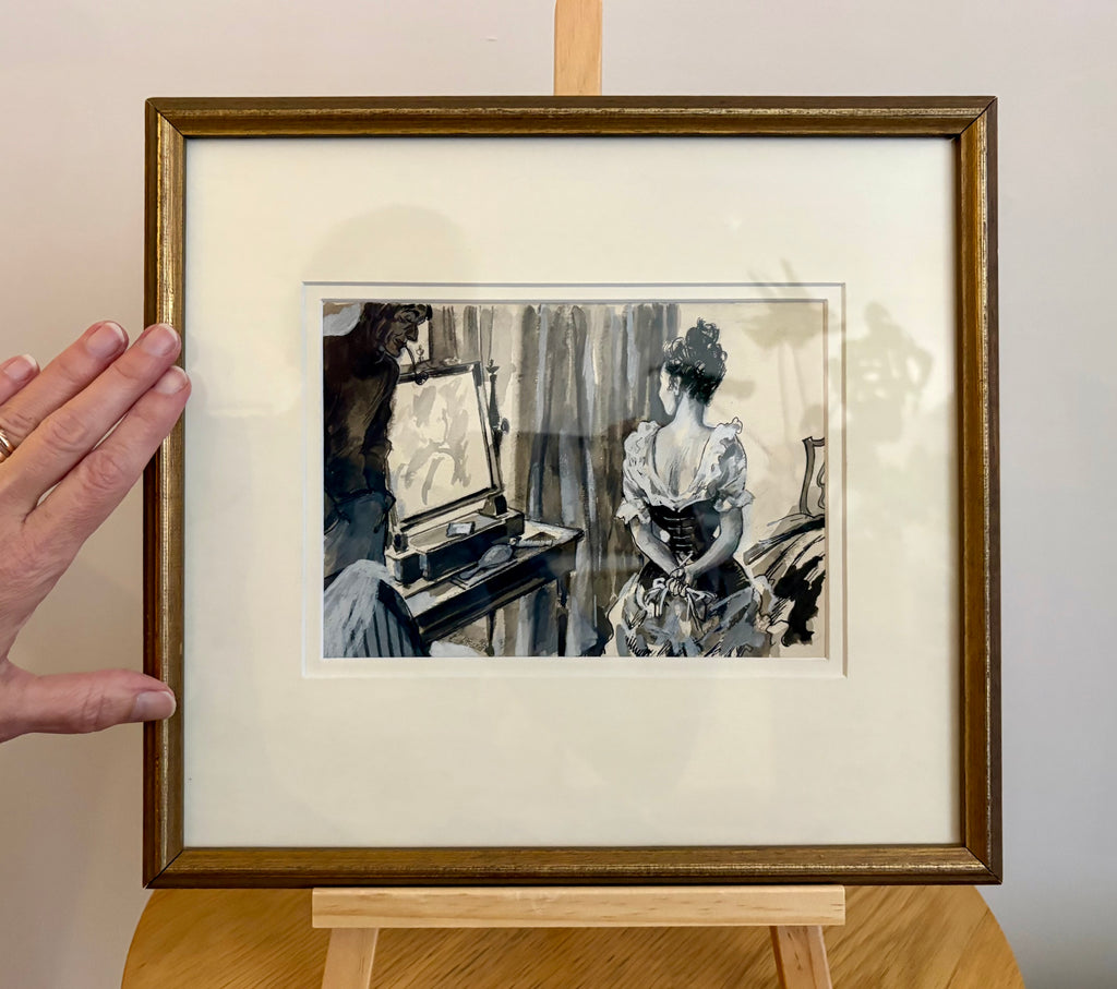 1940s original black and white illustration, Steven Spurrier, framed vintage art
