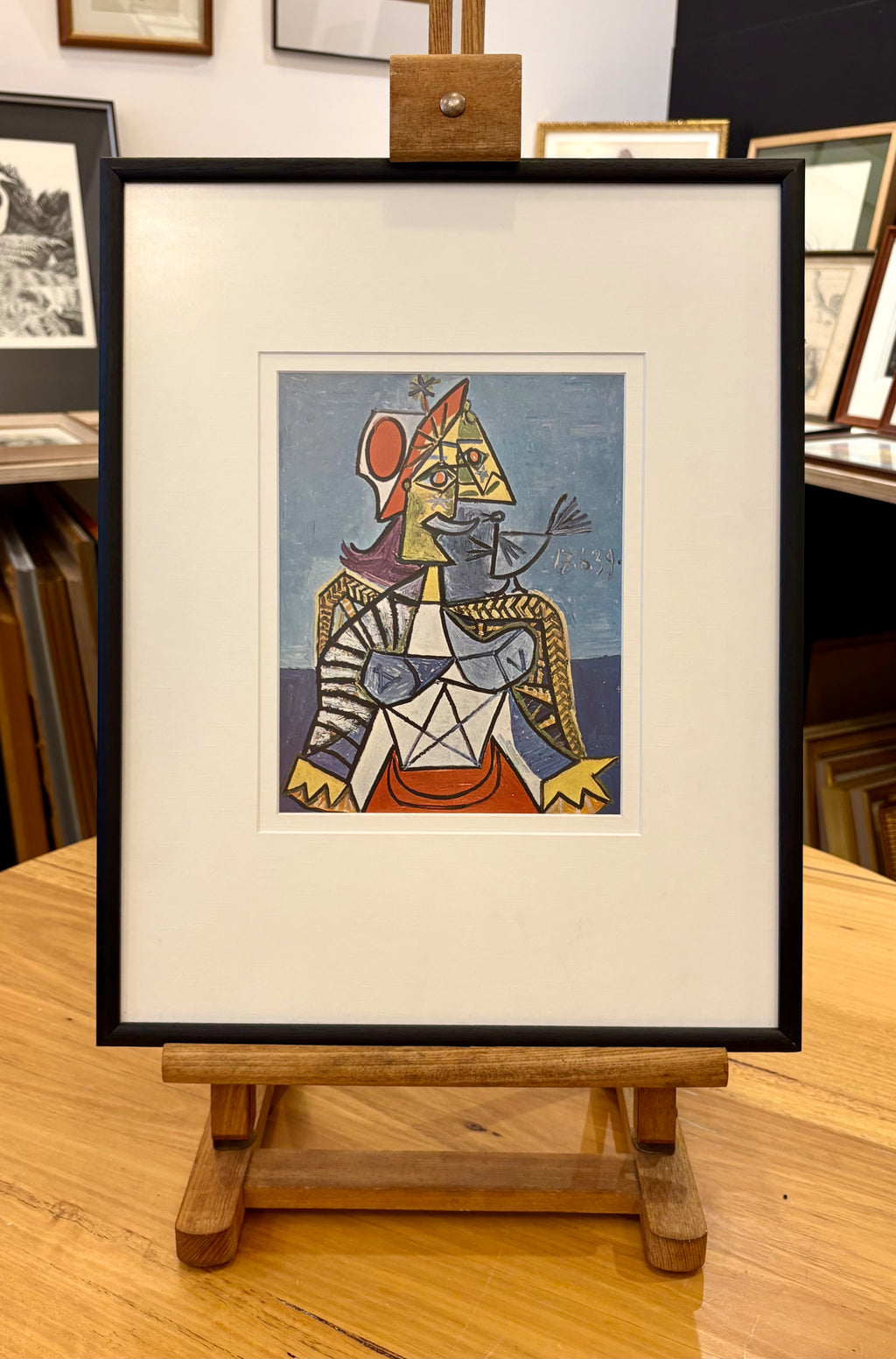 1960s Picasso print, portrait, vintage framed art, “Woman with Bird”, Mid Century