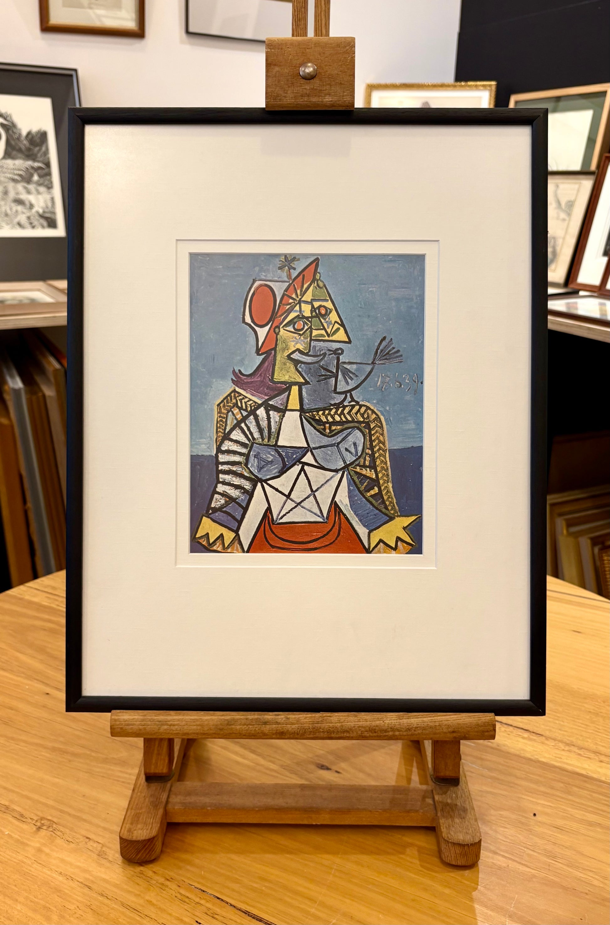 1960s Picasso print, portrait, vintage framed art, “Woman with Bird”, Mid Century