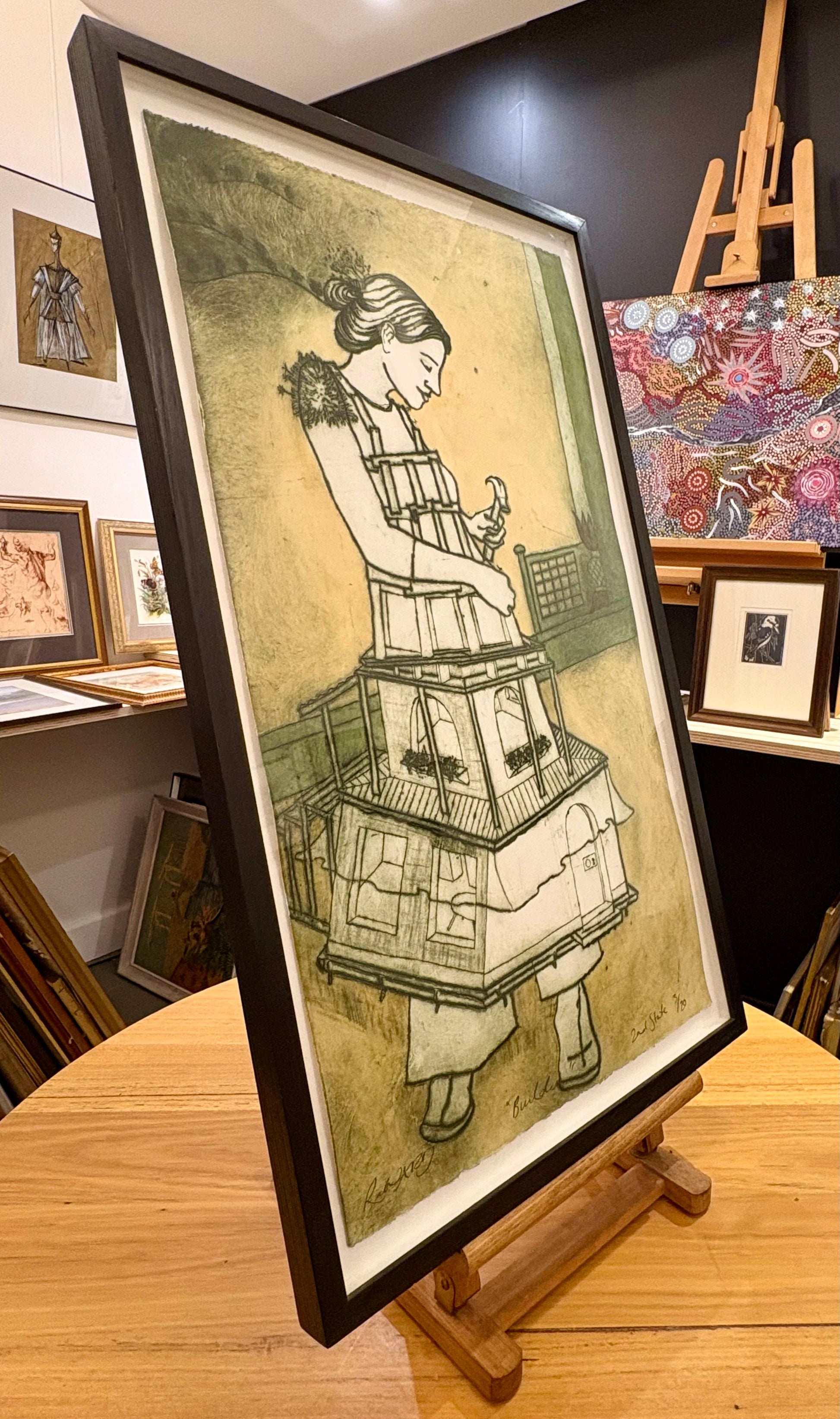 Large original hand coloured etching 3/20, Mandy Renard, “Builder”, framed art