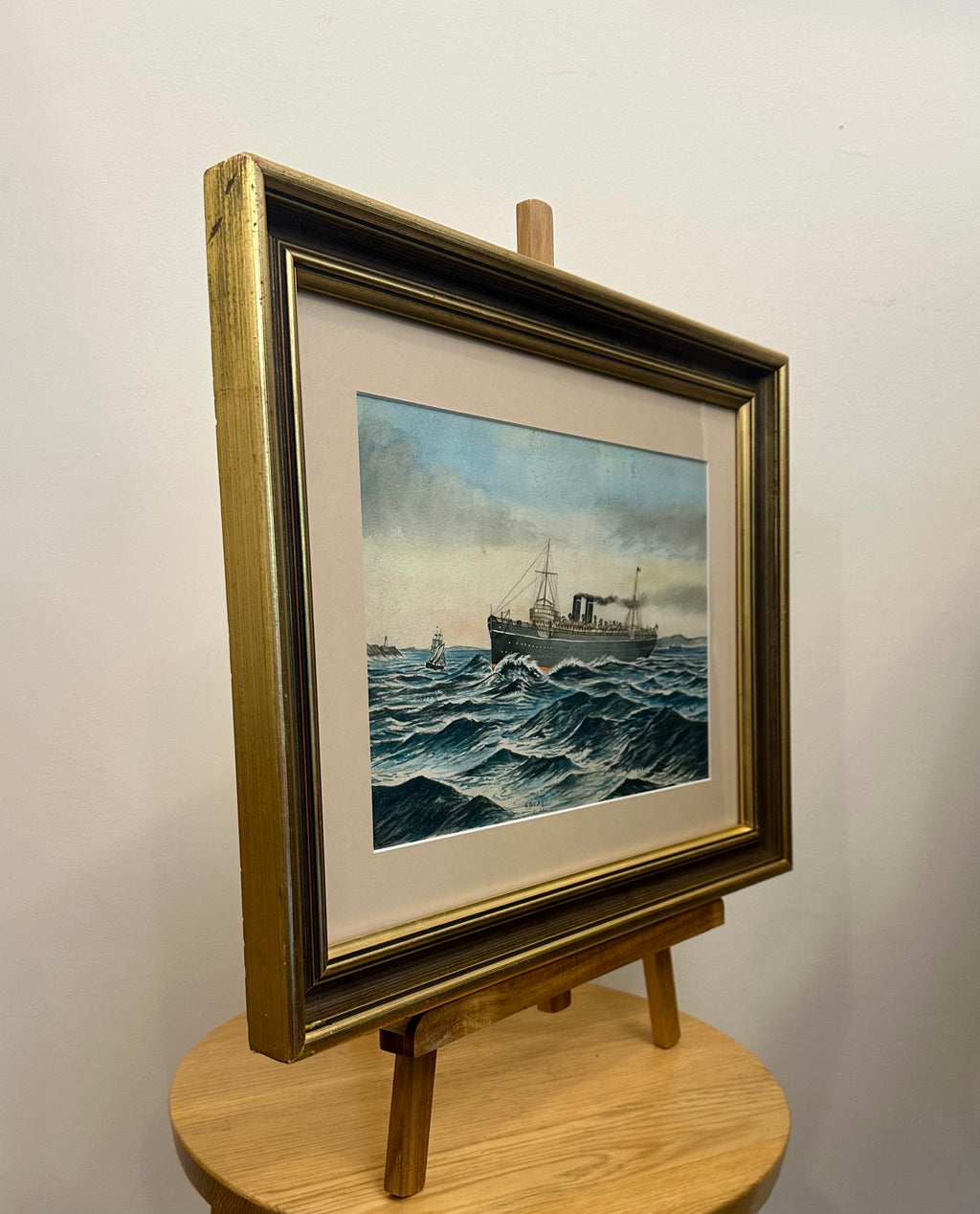 1900s Original watercolour painting, ship, antique framed art