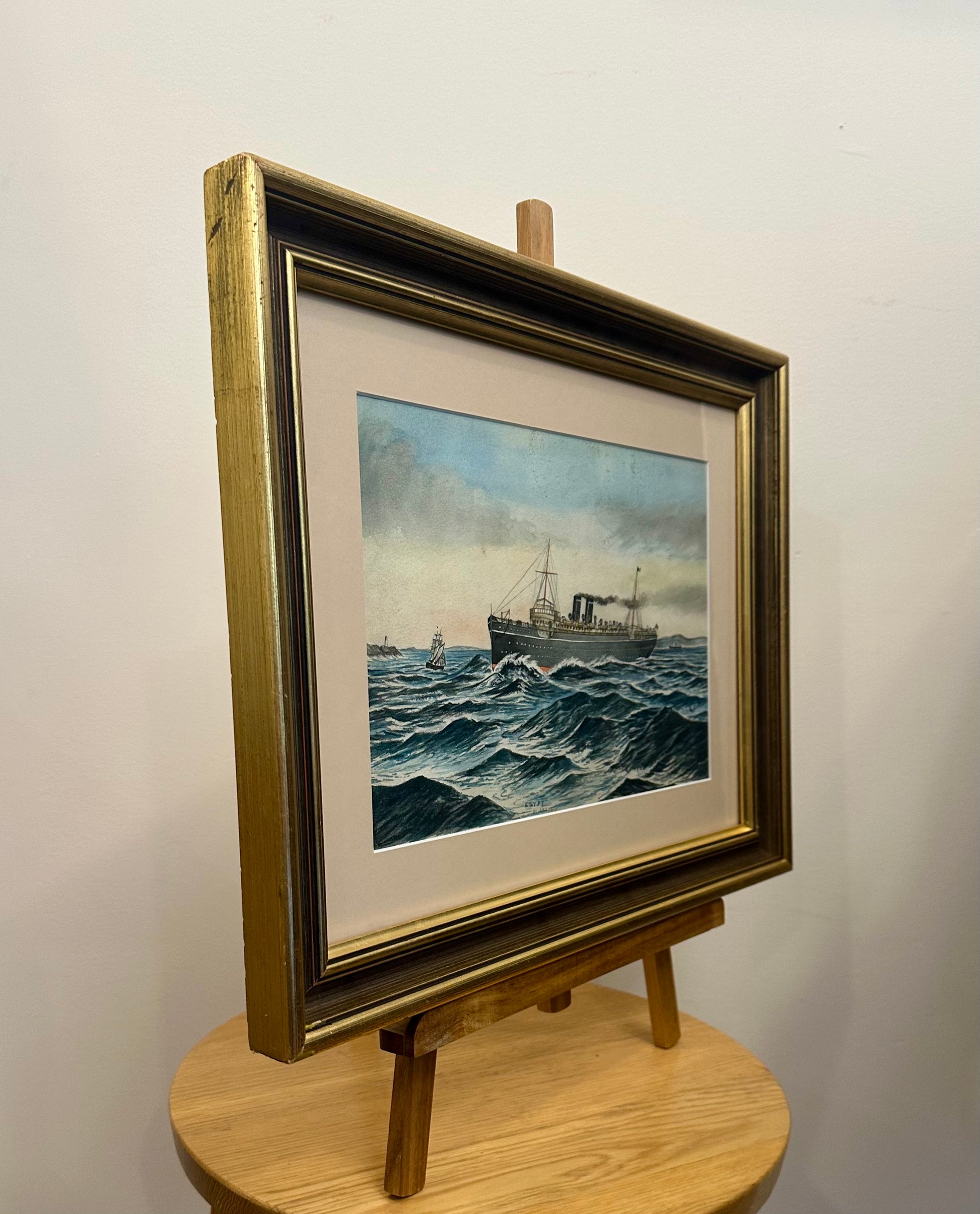 1900s Original watercolour painting, ship, antique framed art