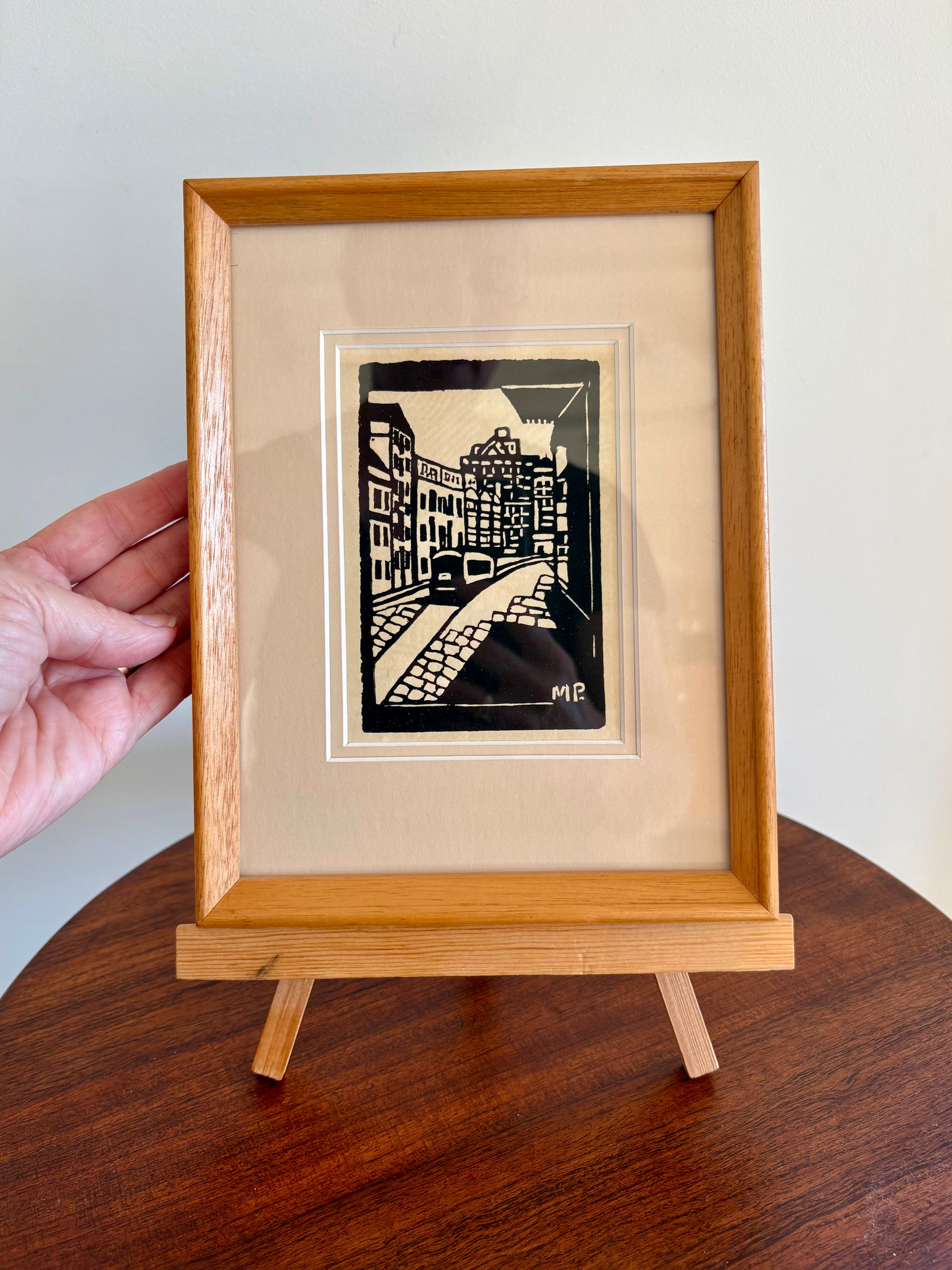 1920s Antique Margaret Preston print, "Quay Side Sydney," tram, framed vintage art