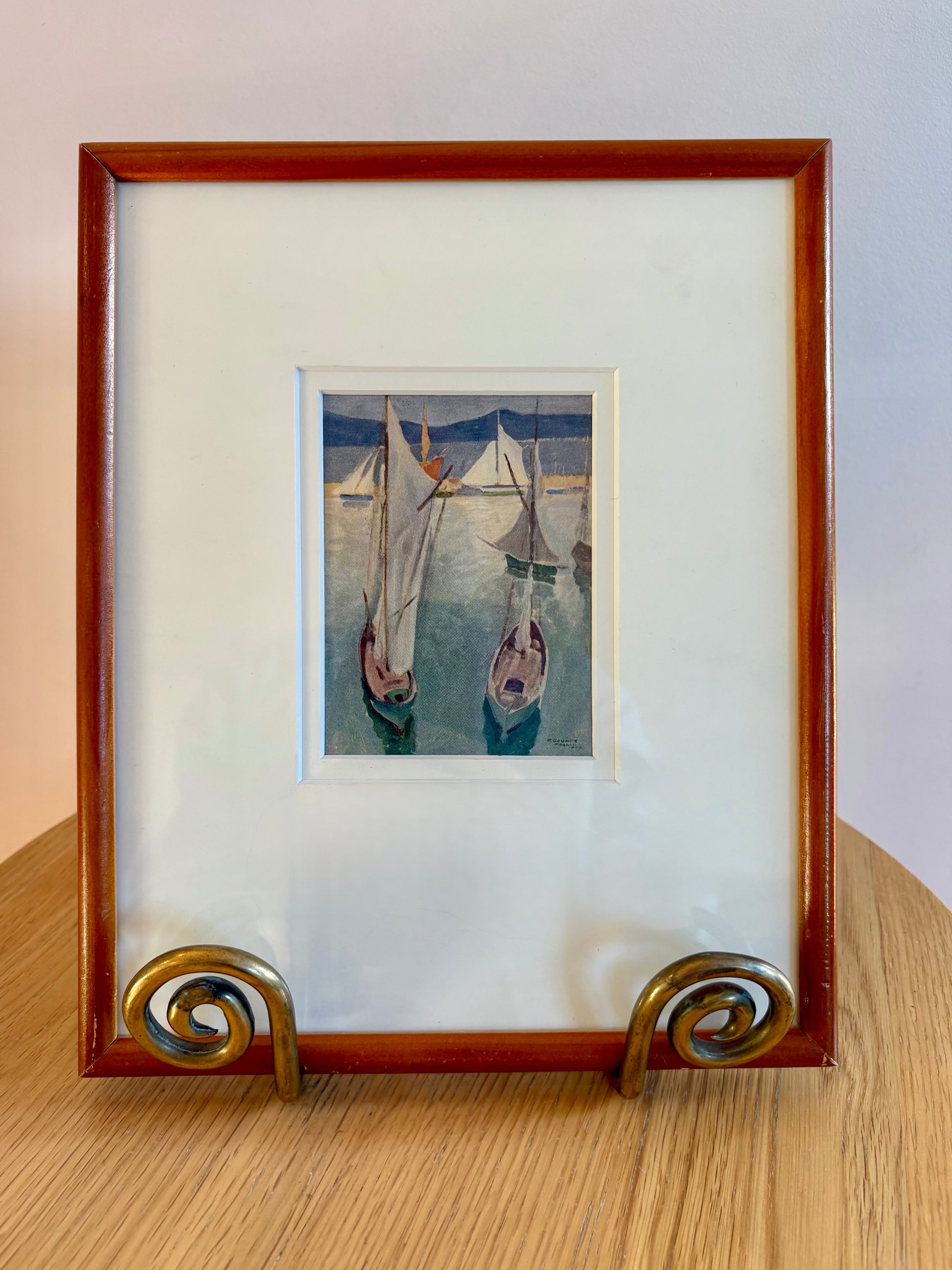 1925 Antique print, miniature, “Drying Sails”, Elioth Gruner, yachts, Australian framed artwork