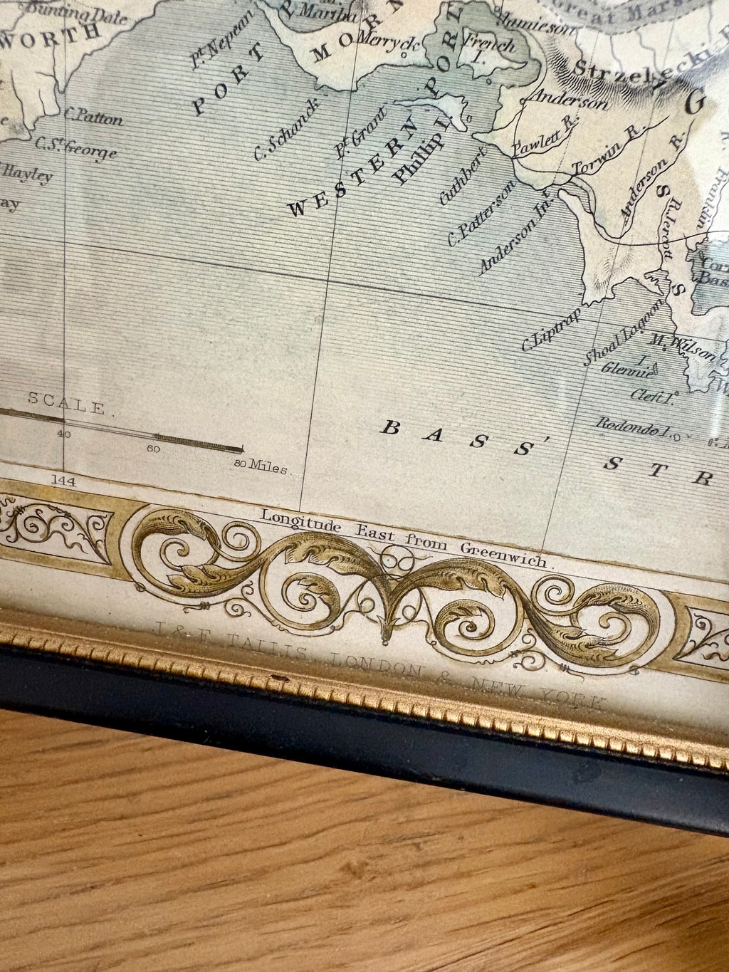 1851 antique map of Victoria, engraved, hand coloured, Tallis, vintage framed art