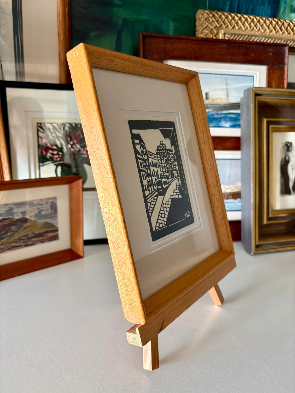 1920s Antique Margaret Preston print, "Quay Side Sydney," tram, framed vintage art
