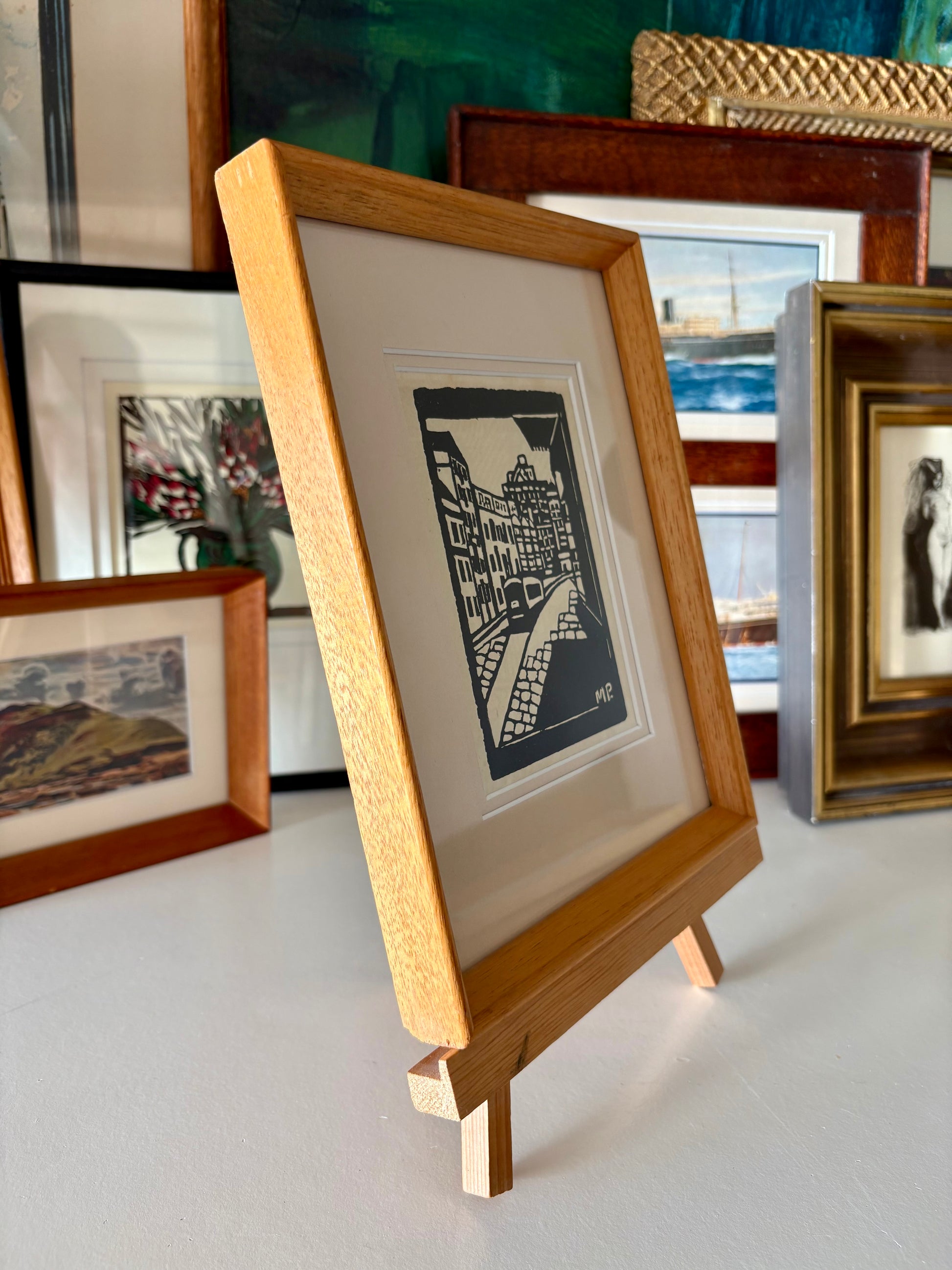 1920s Antique Margaret Preston print, "Quay Side Sydney," tram, framed vintage art
