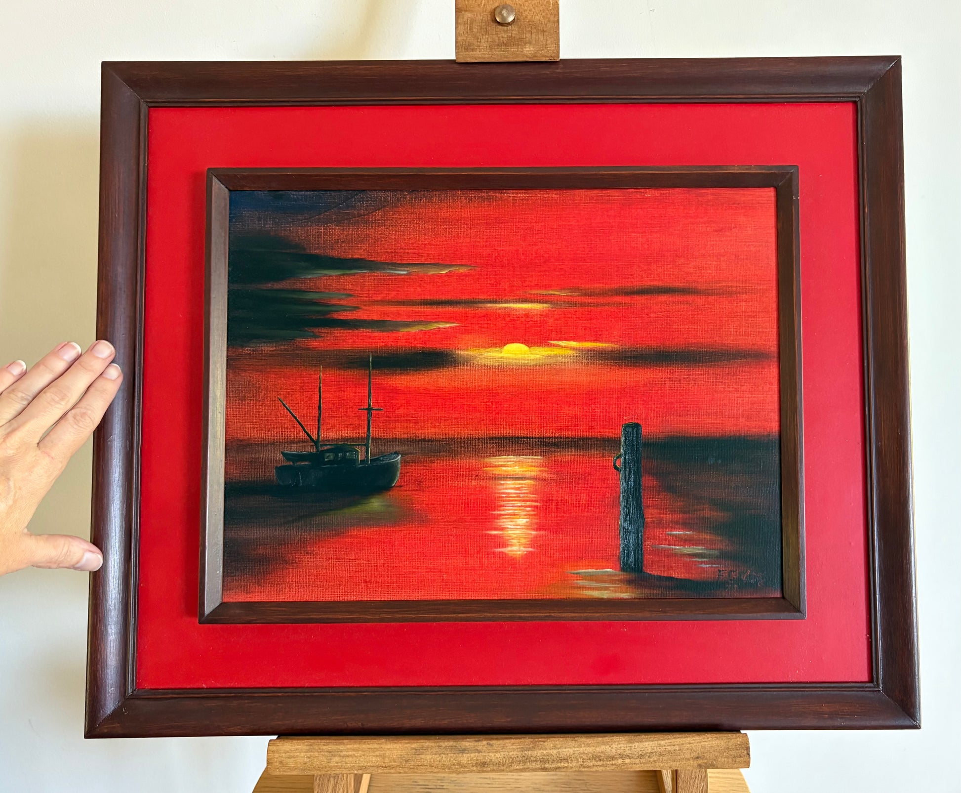 1970s original painting, retro, signed, fishing boat, sunset, framed art