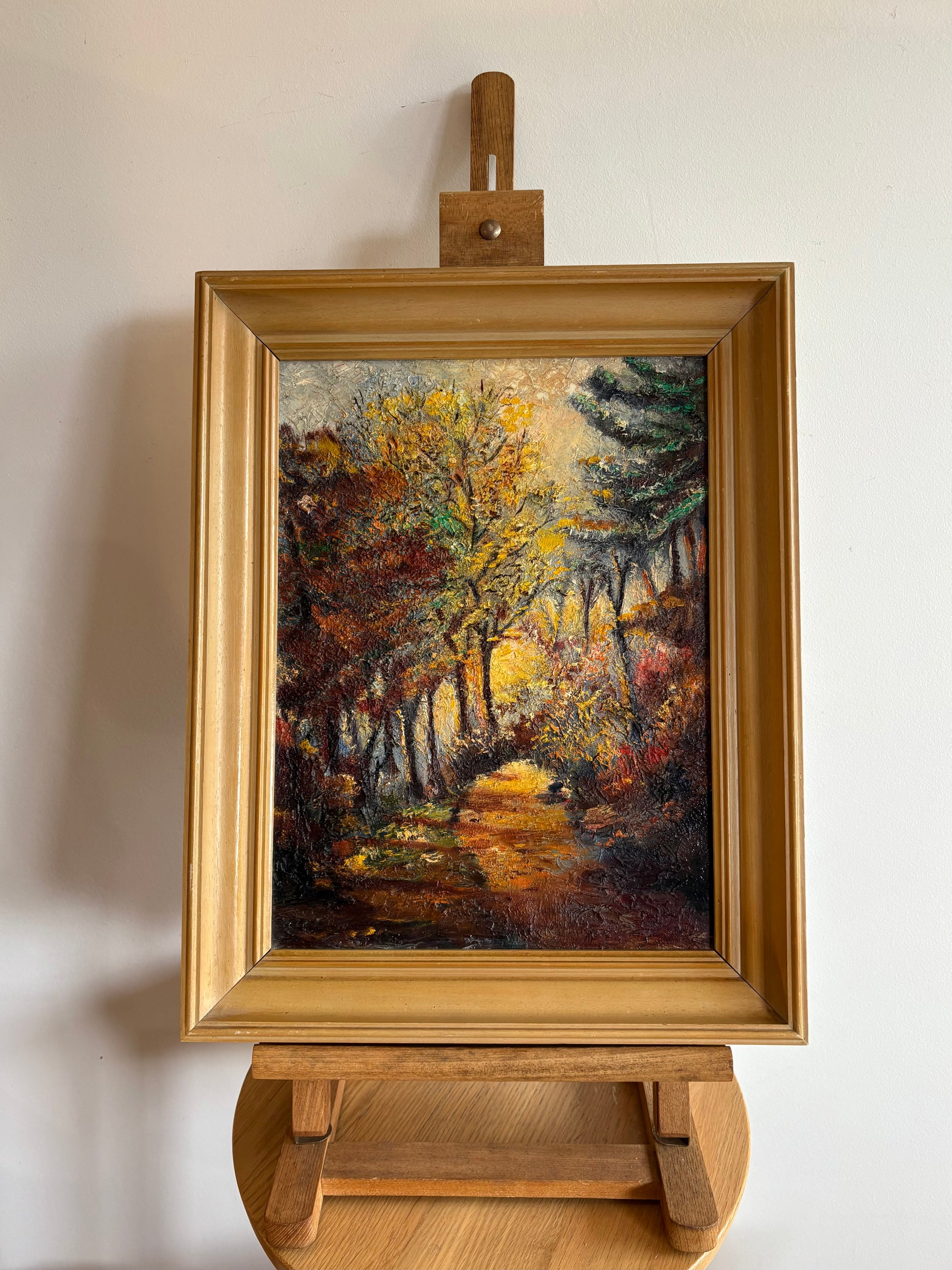Mid Century original oil painting, Autumn Path, vintage framed art