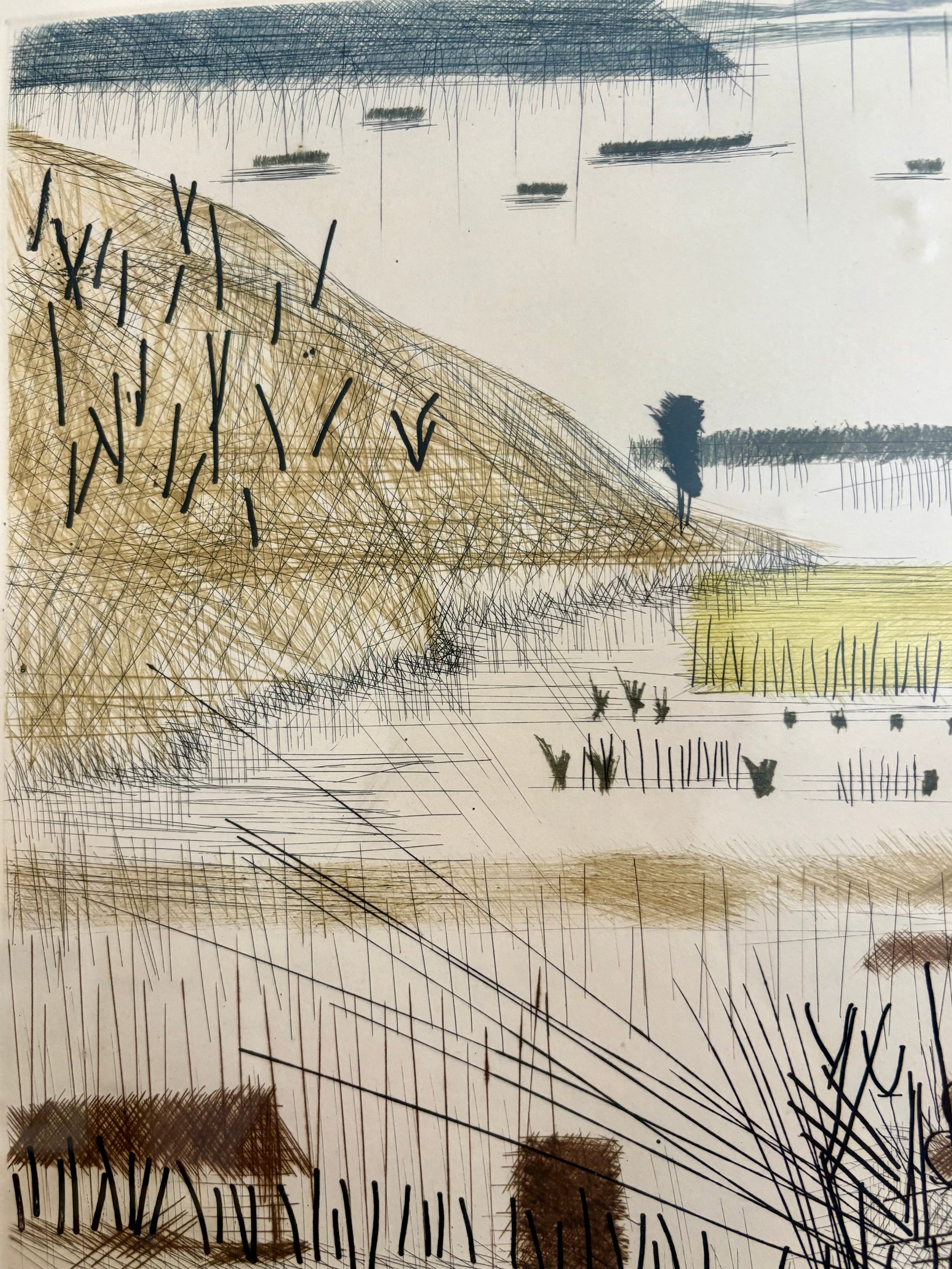 1975 original dry point etching, Marcel Amler, landscape, framed vintage art