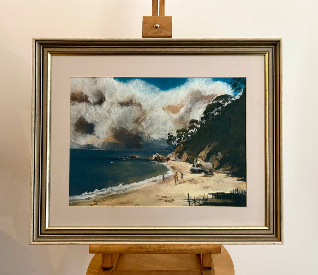 Original pastel drawing, Eden coast, bush fire, framed vintage Australian landscape artwork