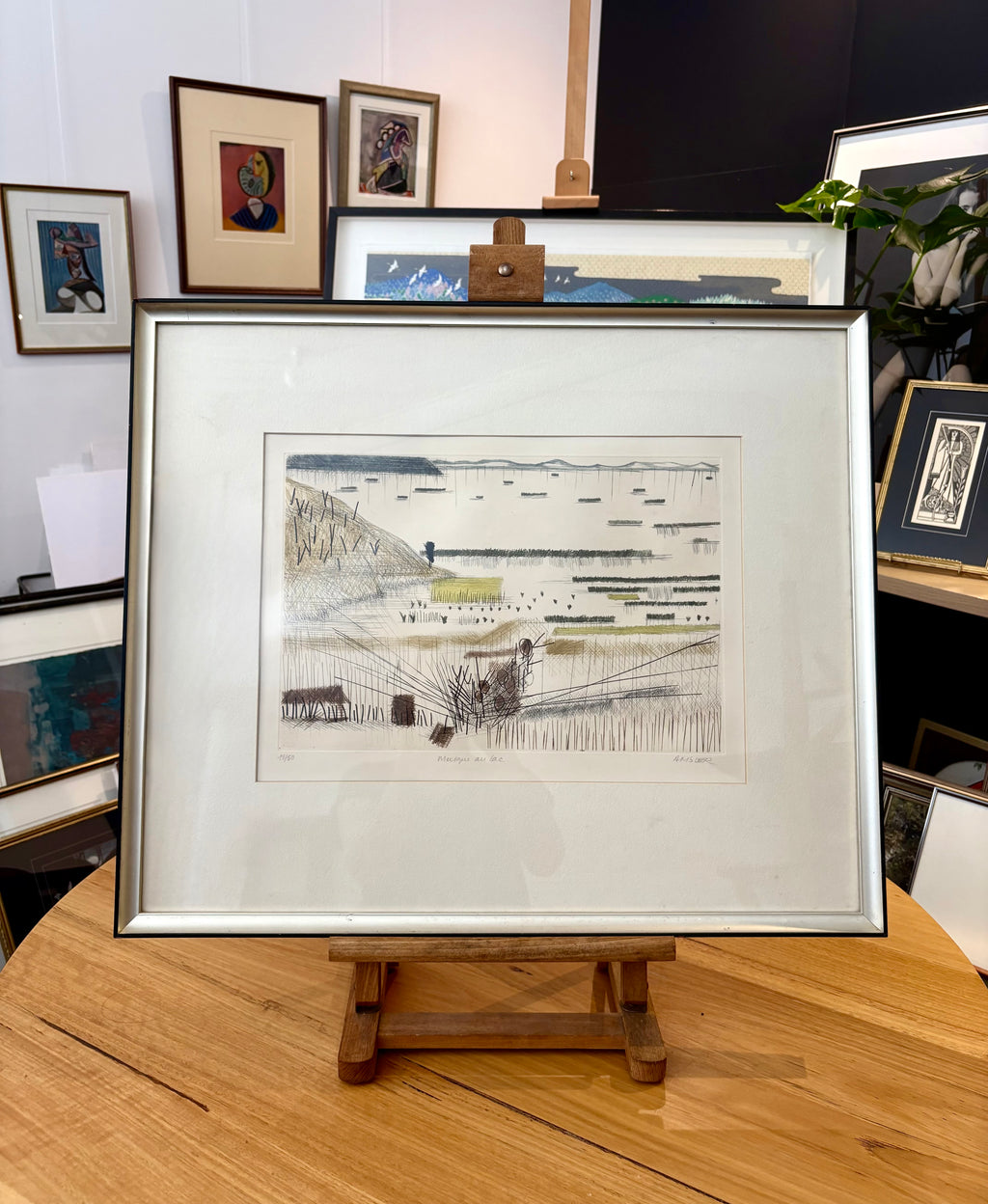 1975 original dry point etching, Marcel Amler, landscape, framed vintage art