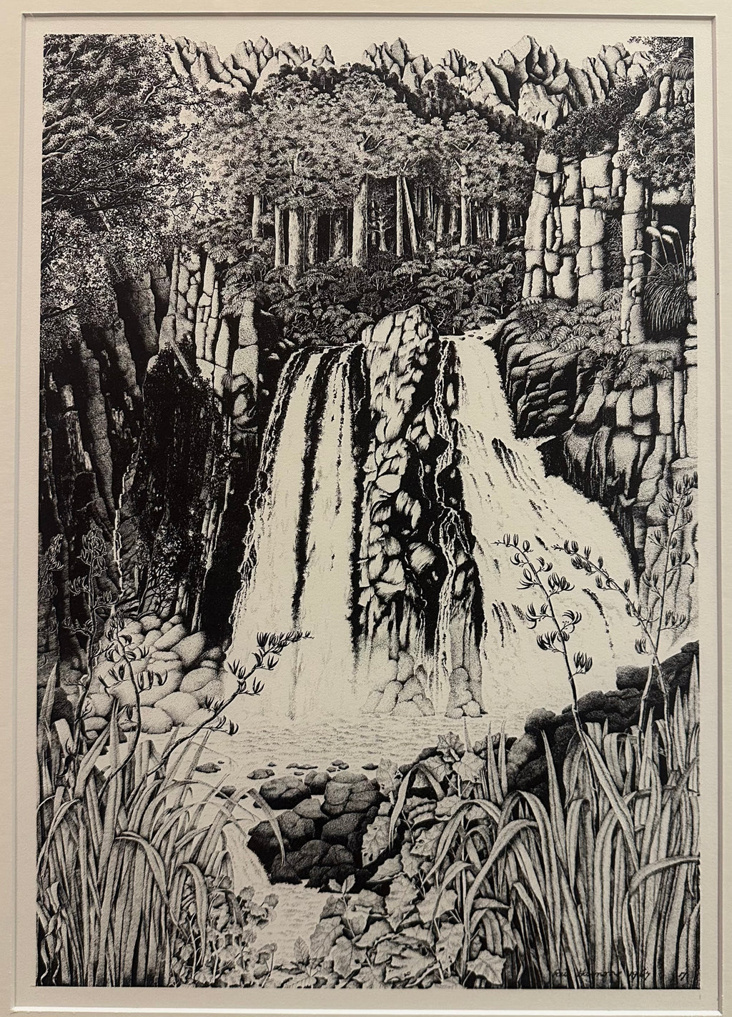 1970s Rei Hamon lithographic print, waterfall, New Zealand, framed vintage art