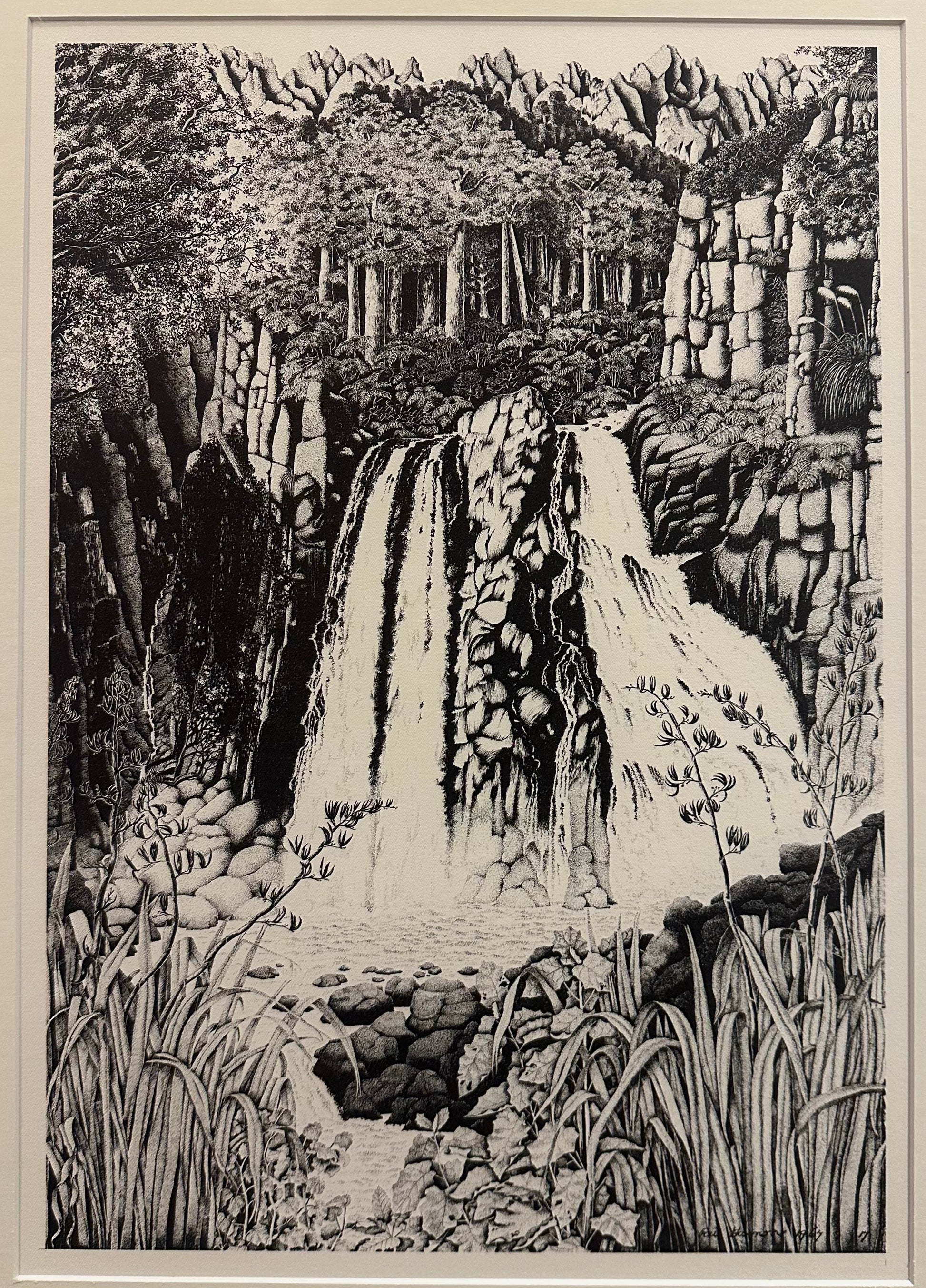 1970s Rei Hamon lithographic print, waterfall, New Zealand, framed vintage art