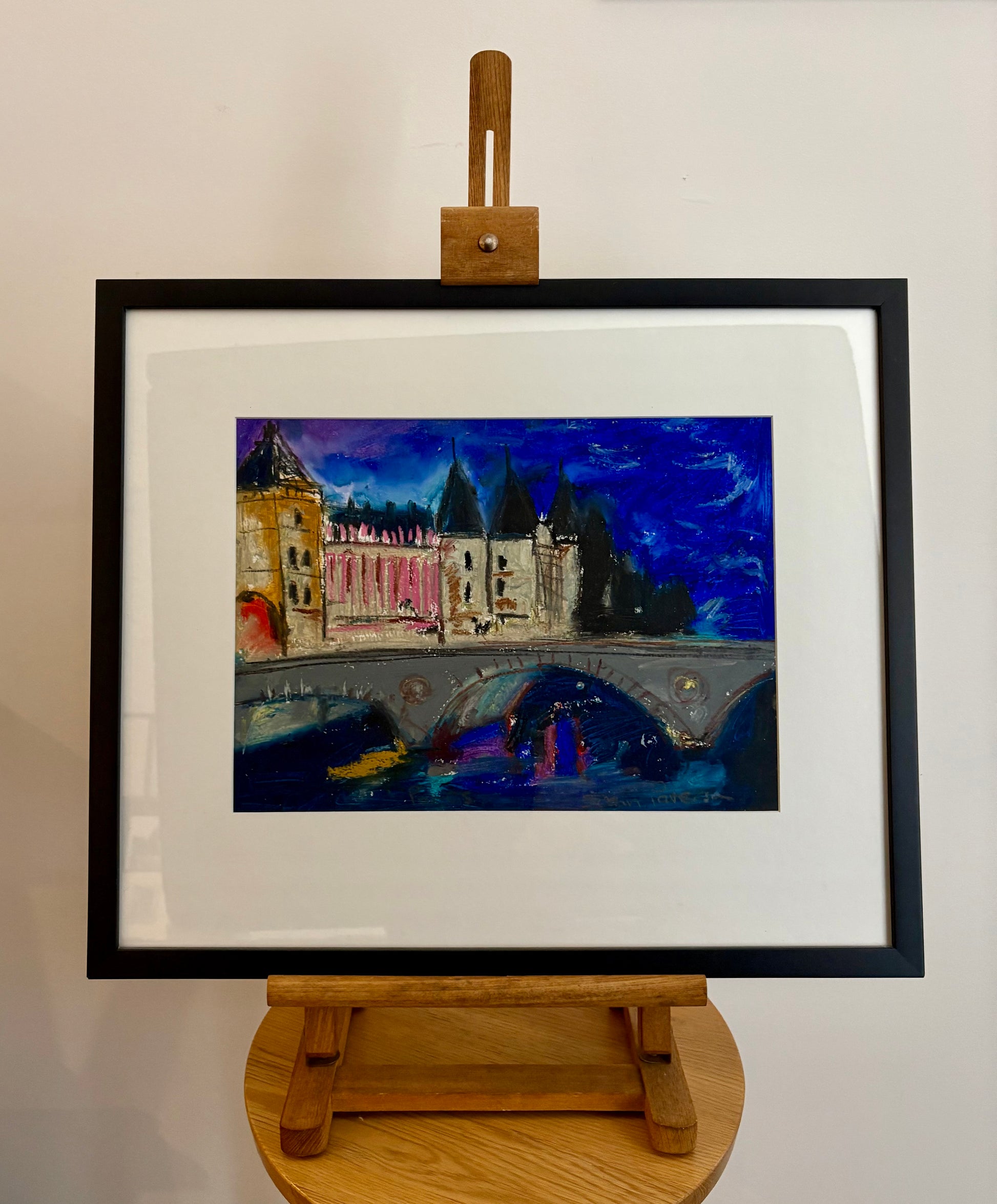 Original oil pastel, Paris, signed vintage framed art