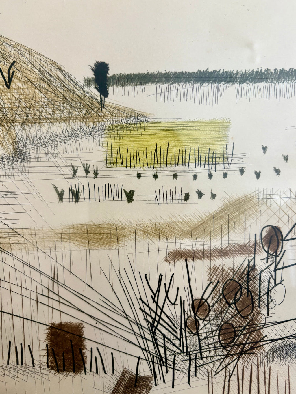 1975 original dry point etching, Marcel Amler, landscape, framed vintage art