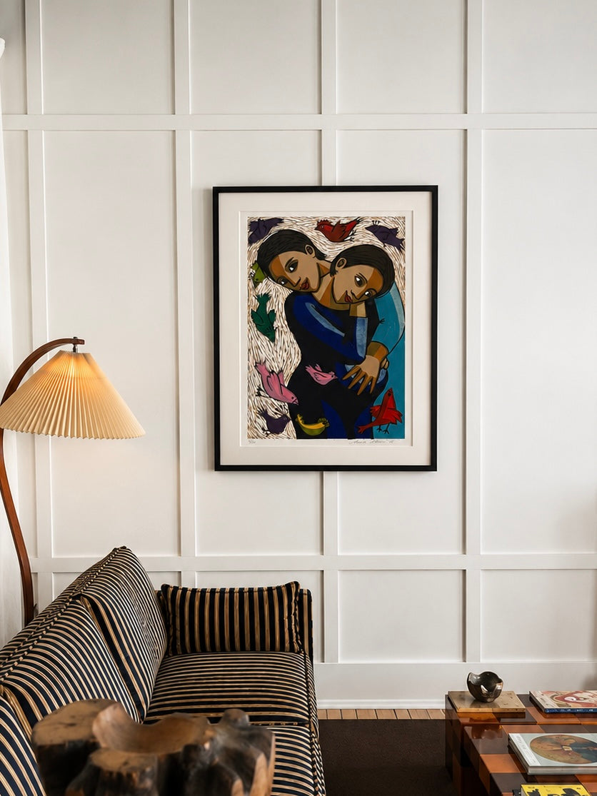Large original linocut print, Anita Klein, The Birds and the Grandchild, framed art