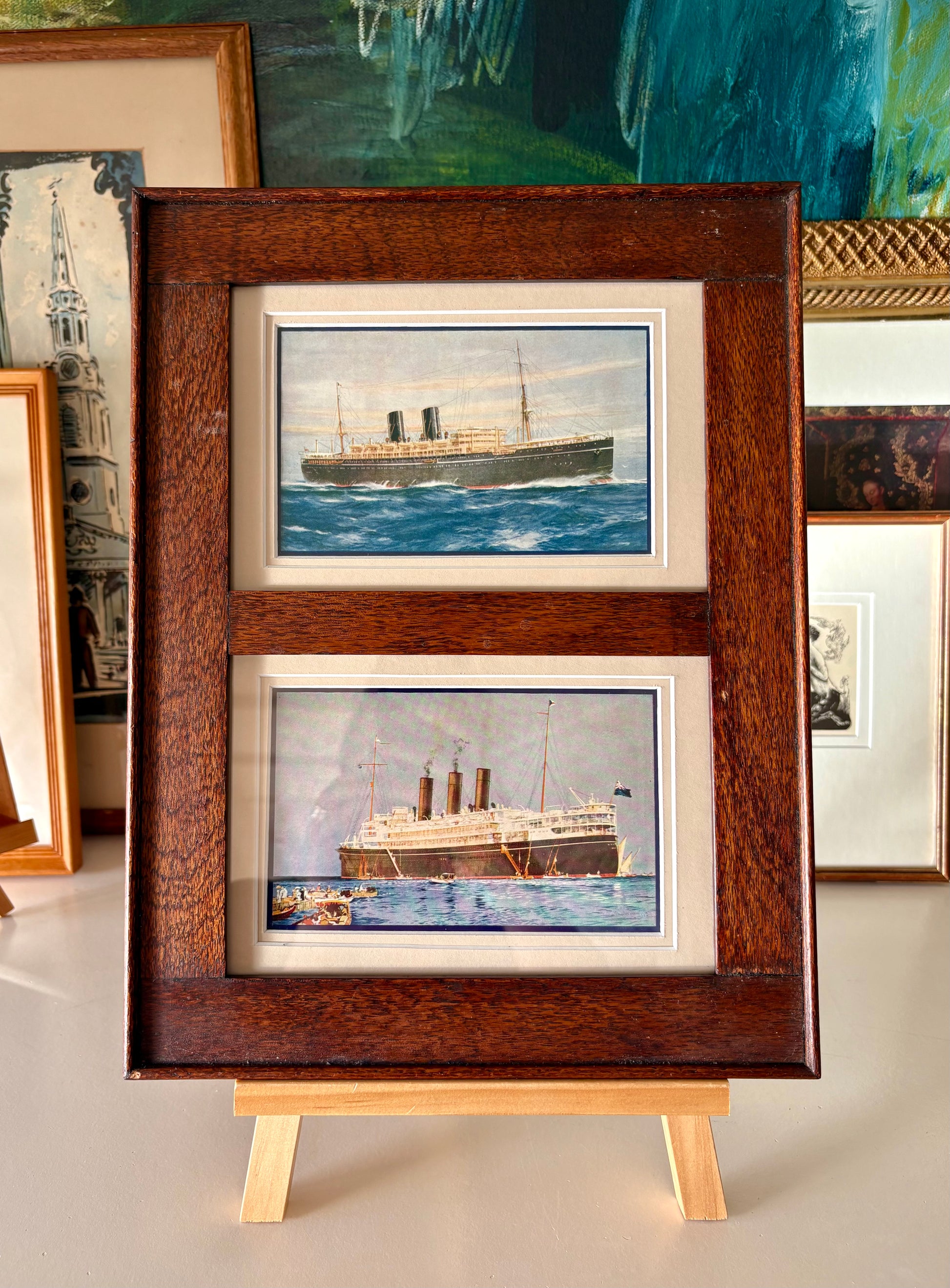 1920s Antique Australian ship prints, pair, silky oak frame