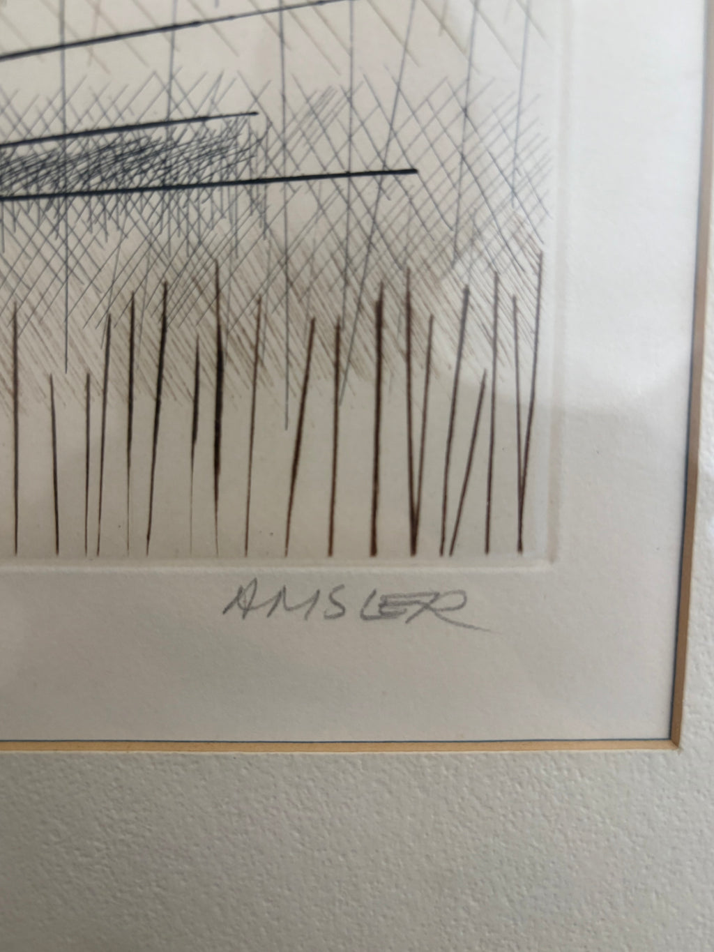 1975 original dry point etching, Marcel Amler, landscape, framed vintage art