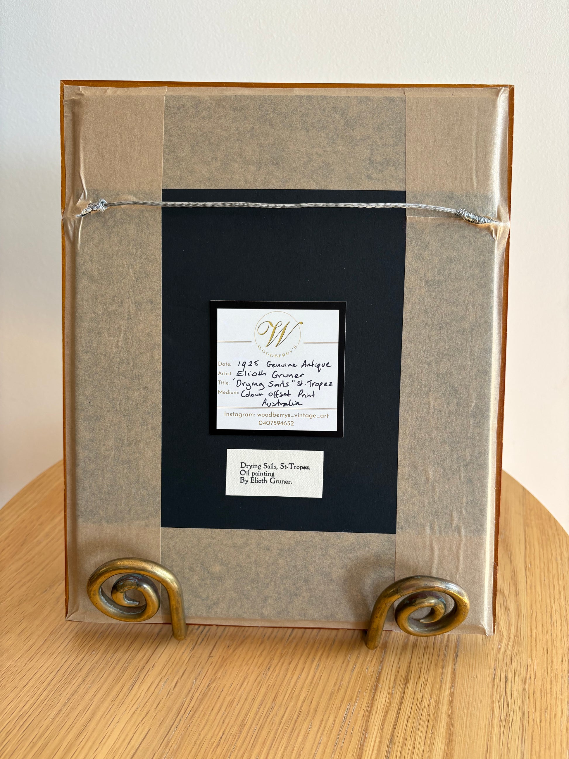 1925 Antique print, miniature, “Drying Sails”, Elioth Gruner, yachts, Australian framed artwork