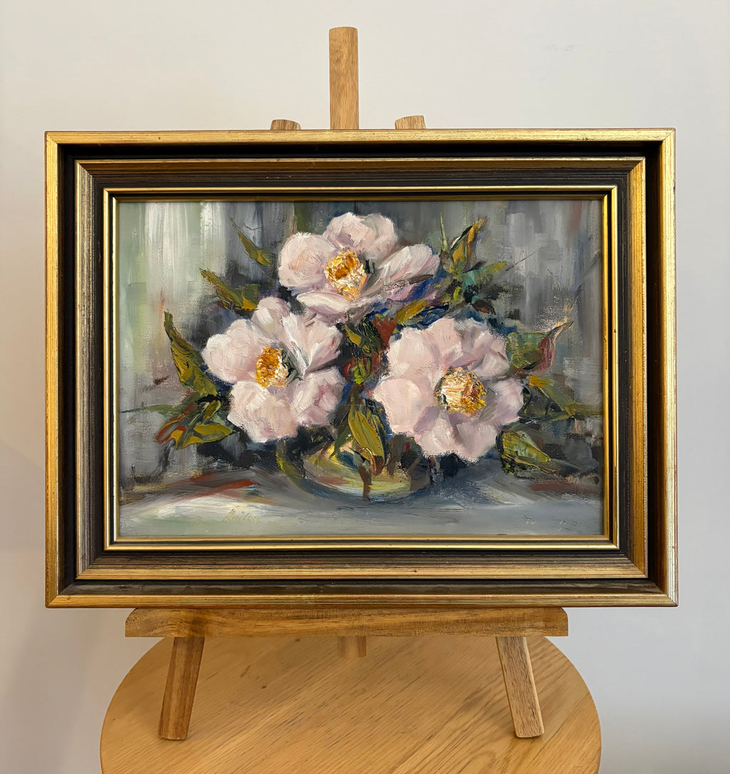 Vintage original painting, camelia flowers, signed framed artwork