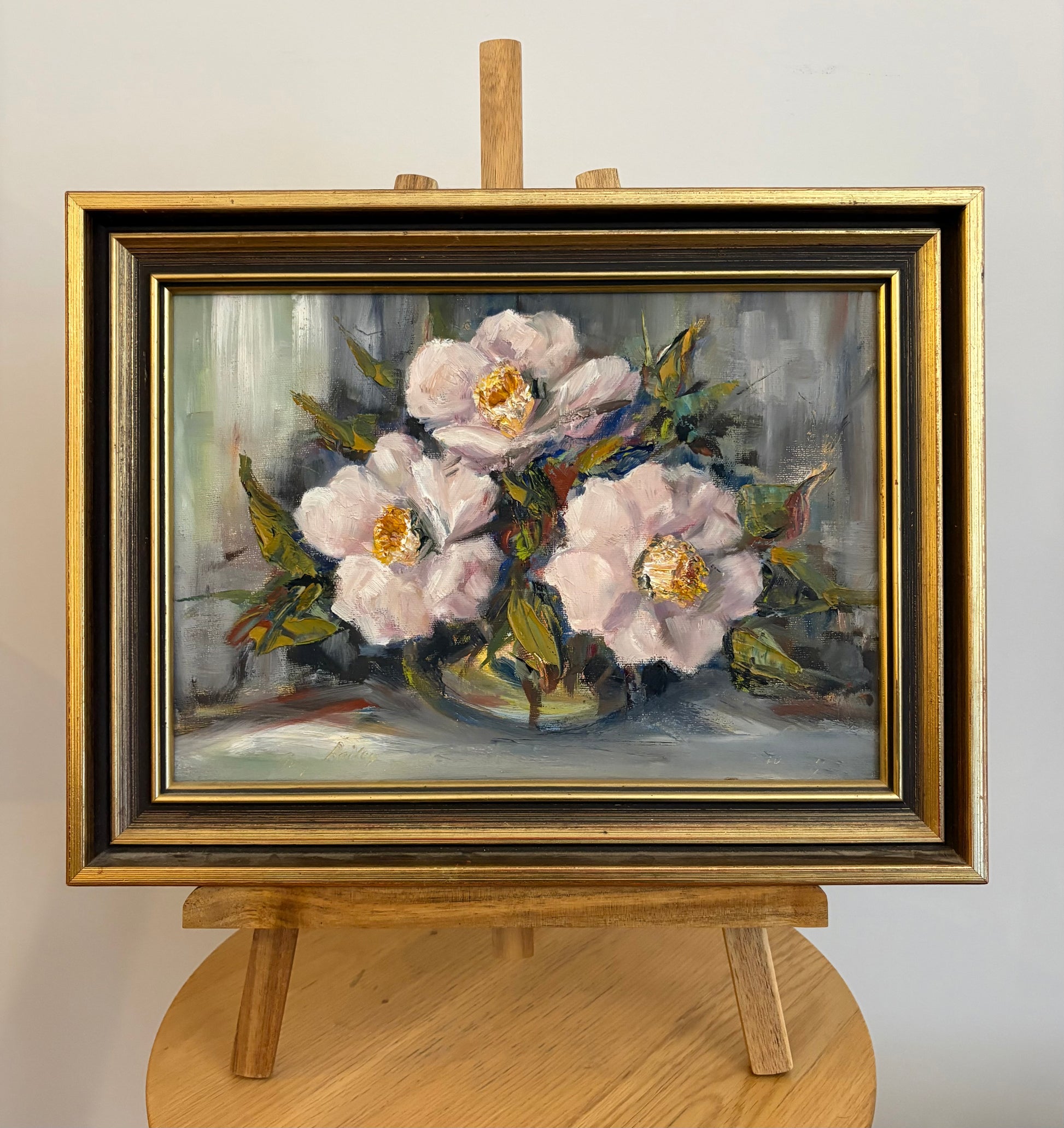 Vintage original painting, camelia flowers, signed framed artwork
