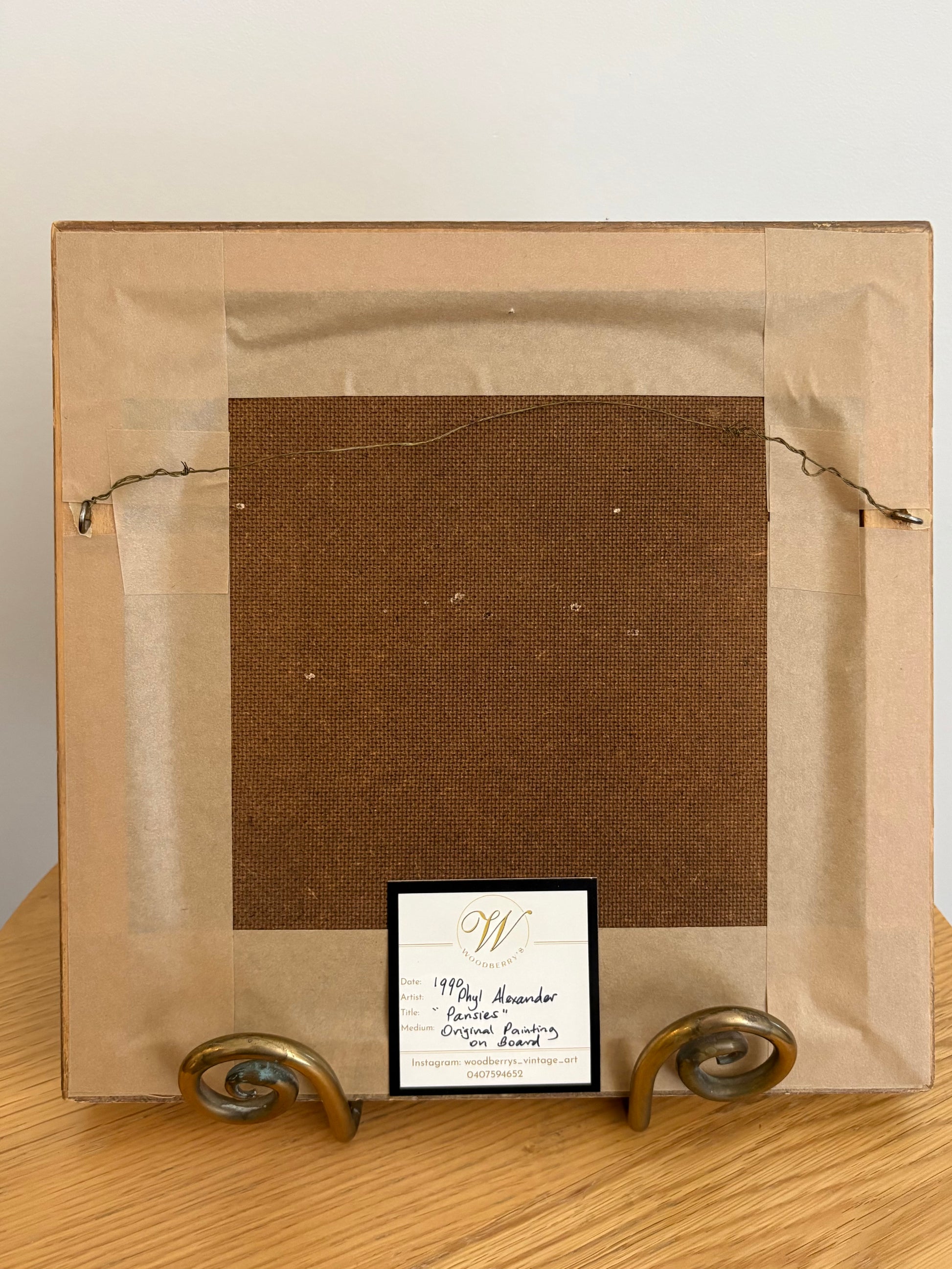 Original oil painting on board, signed, “Pansies”, vintage framed art