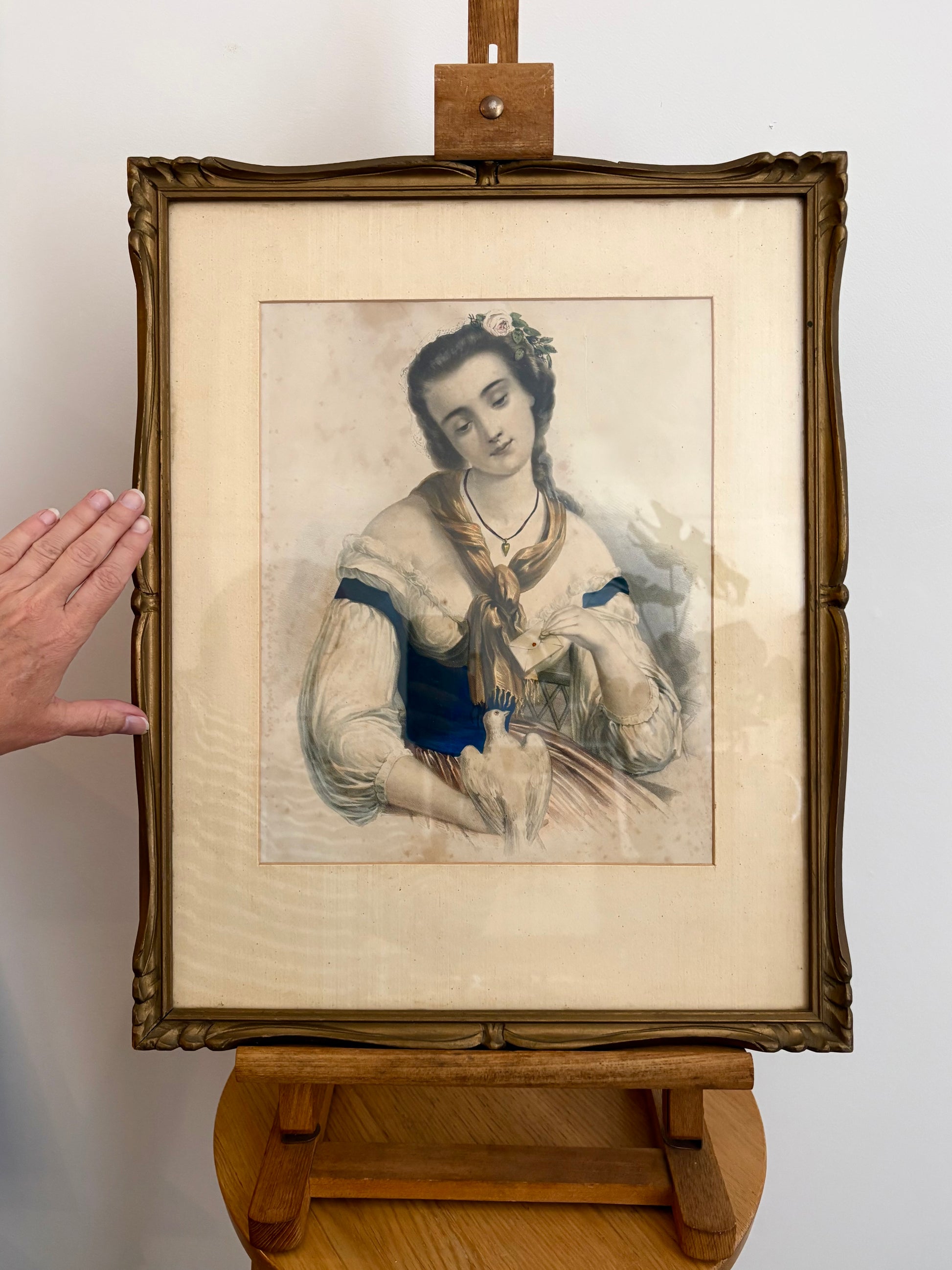 1850s Antique chromolithograph, portrait, woman with dove, love letter, framed art