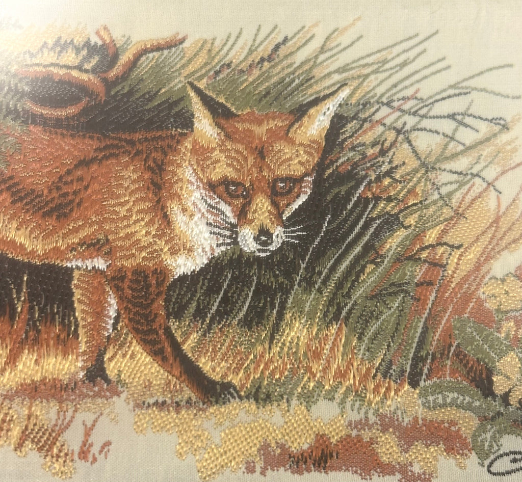Vintage pair Cash’s of Coventry woven silk, fox, squirrel, artwork, framed